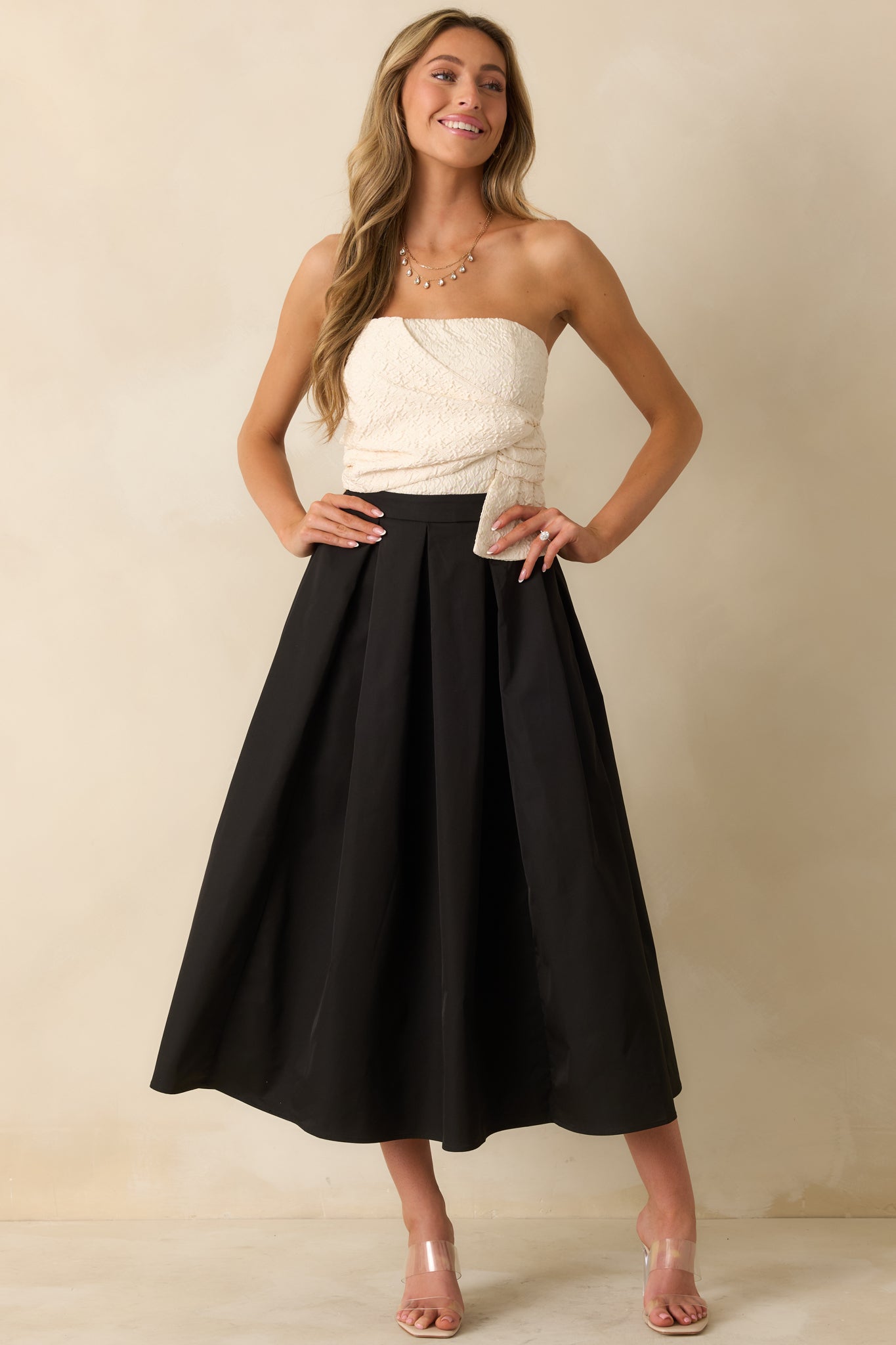 Black Tie Beauty Black & Ivory Strapless Midi Dress