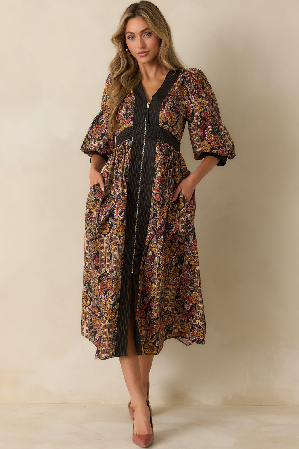 Garden at Dusk Black Multi Floral Paisley Print Cotton Zip Up Maxi Dress