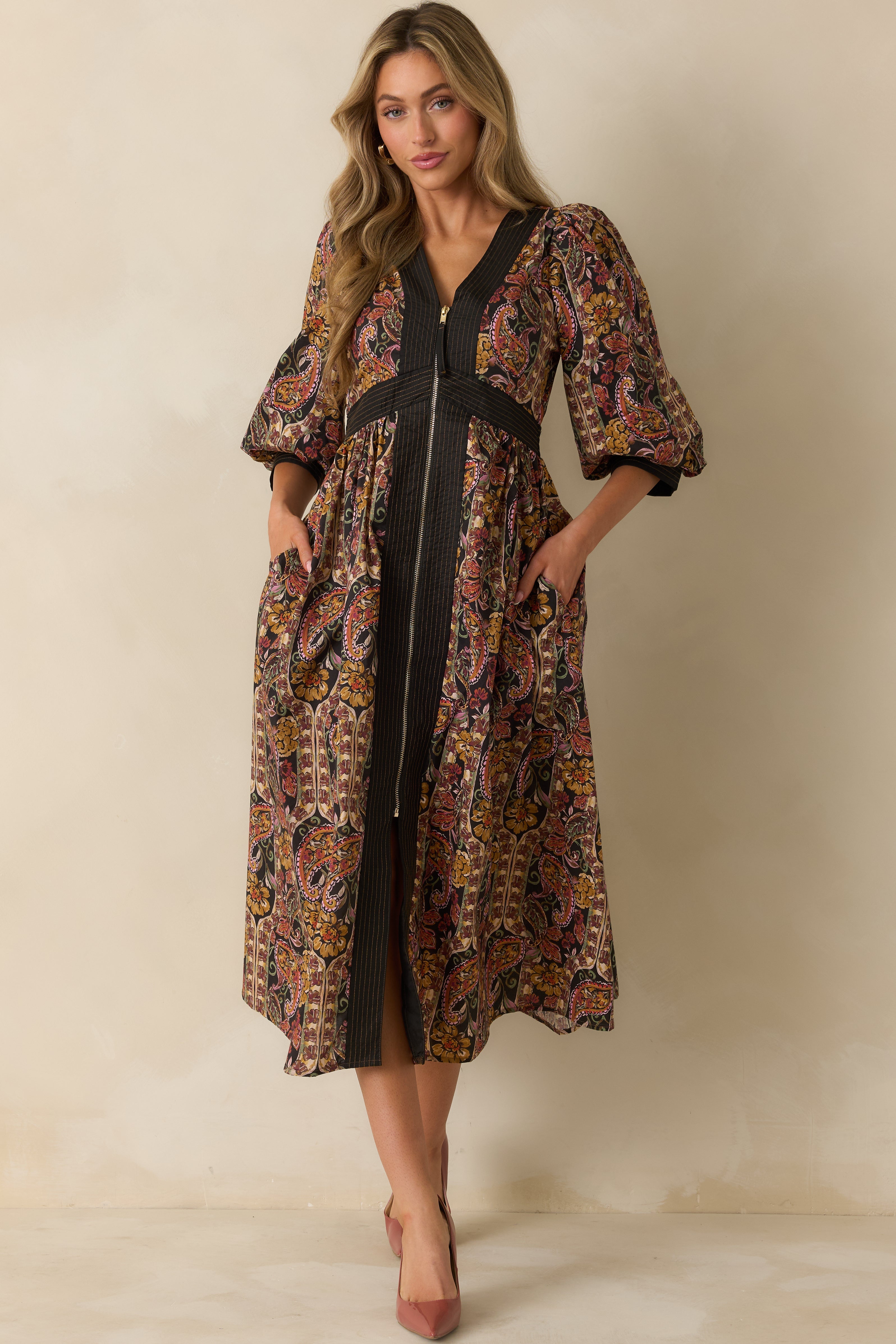 Garden at Dusk Black Multi Floral Paisley Print Cotton Zip Up Maxi Dress
