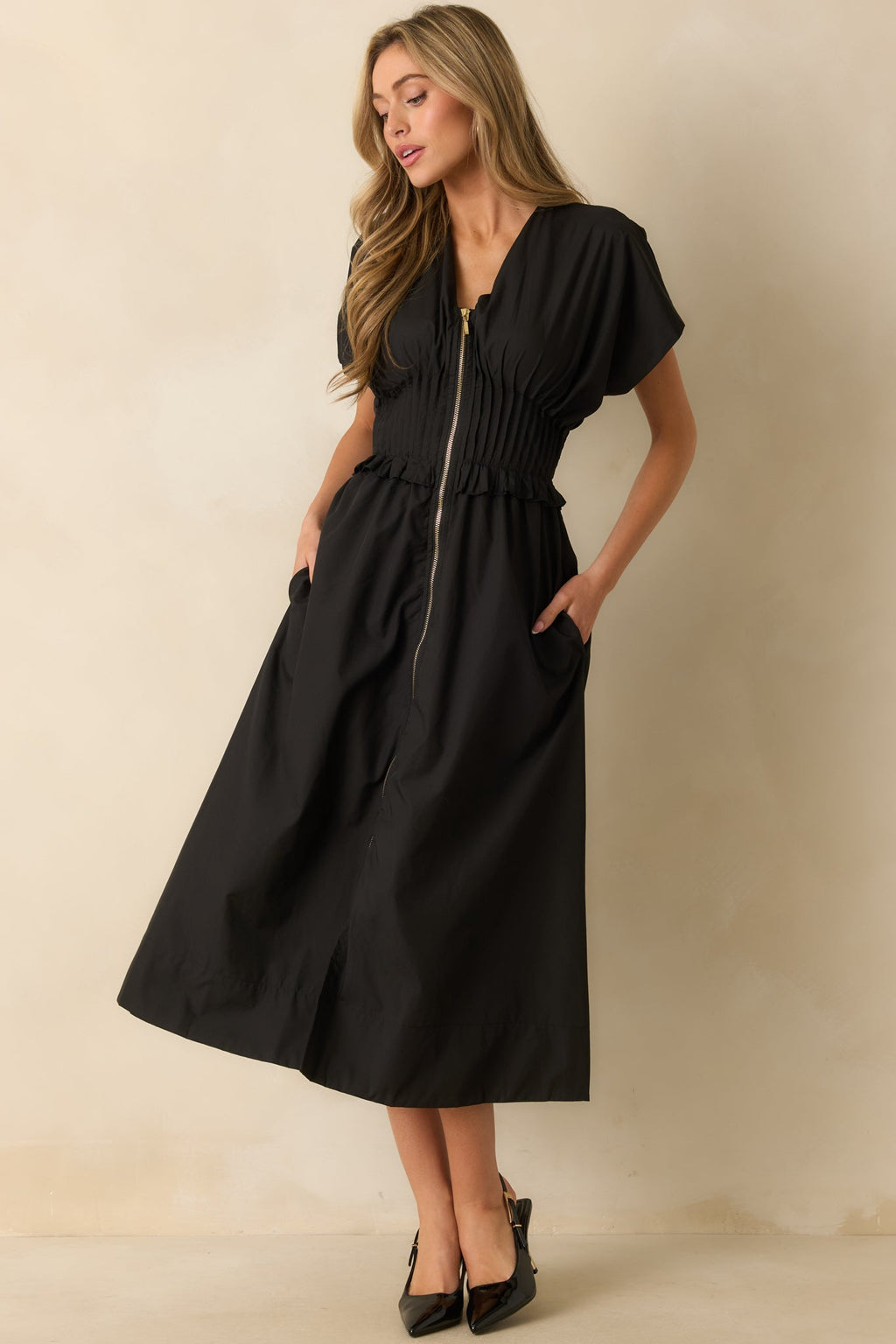 Let It Be Easy Black Smocked Waist Zip Maxi Dress