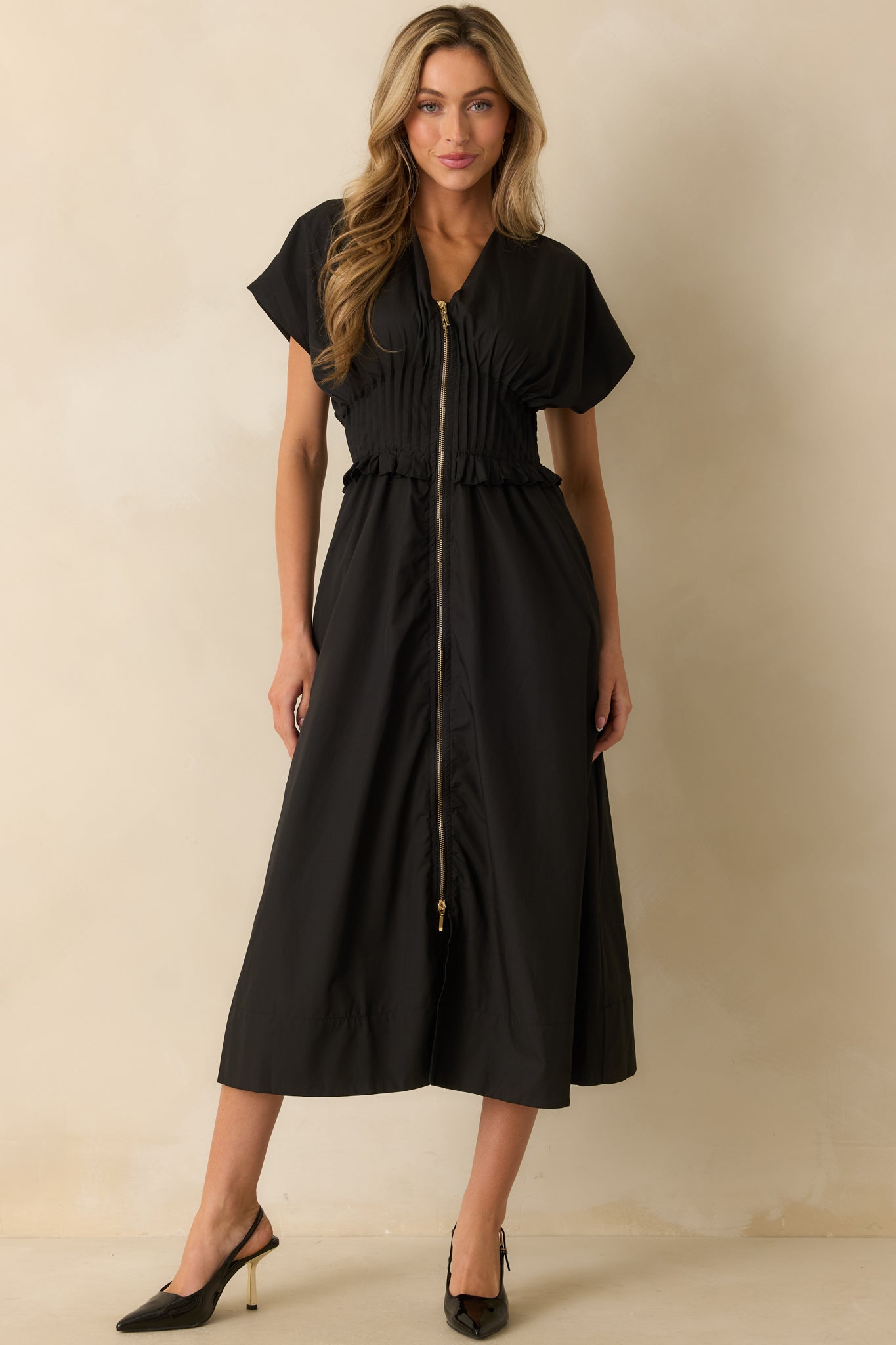 Let It Be Easy Black Smocked Waist Zip Maxi Dress