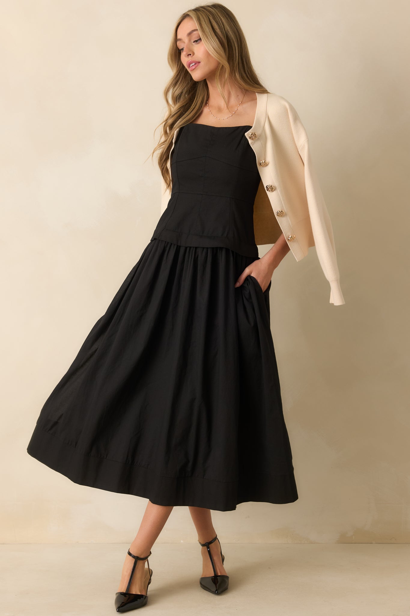 You Already Know Black Cotton Bustier Bodice Sleeveless Midi Dress