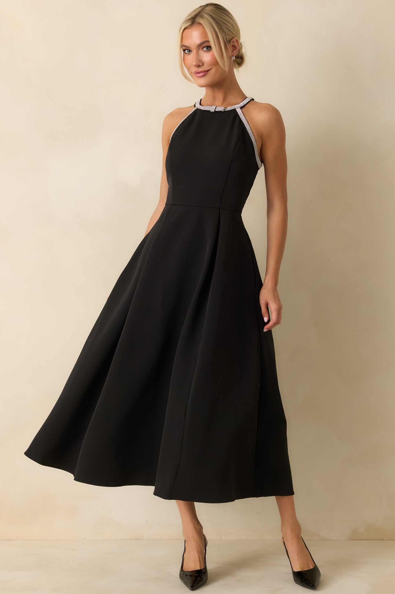 Edge of Glam Black Rhinestone Trim Midi Dress