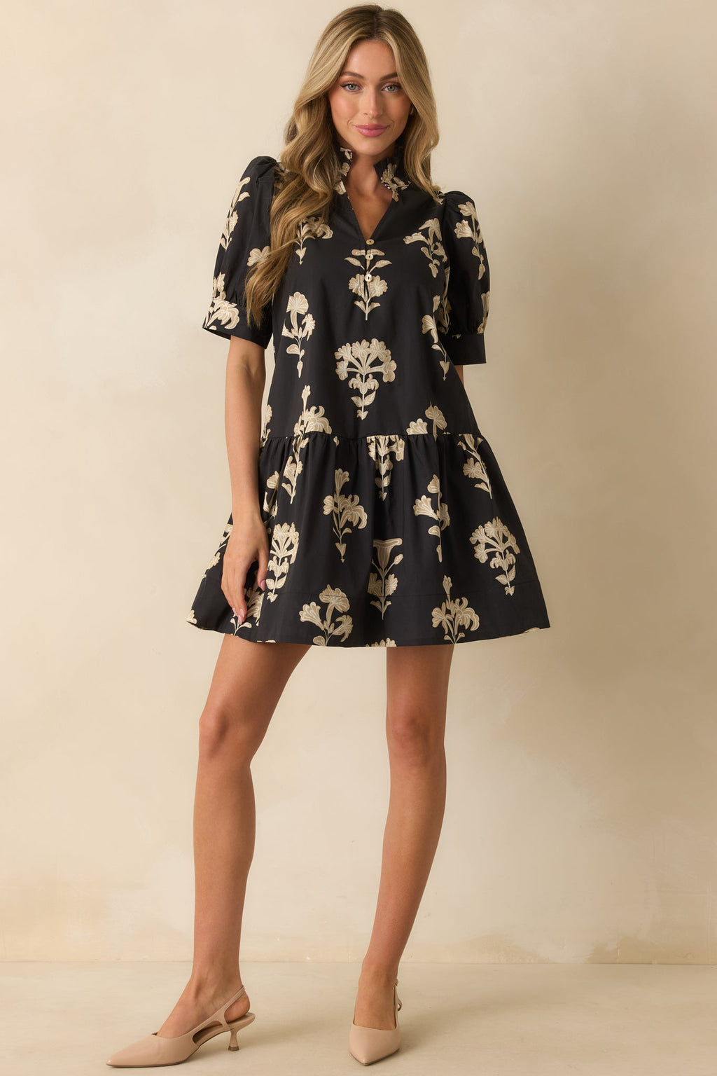 For Another Day Black Floral Print Cotton Puff Sleeve Mini Dress