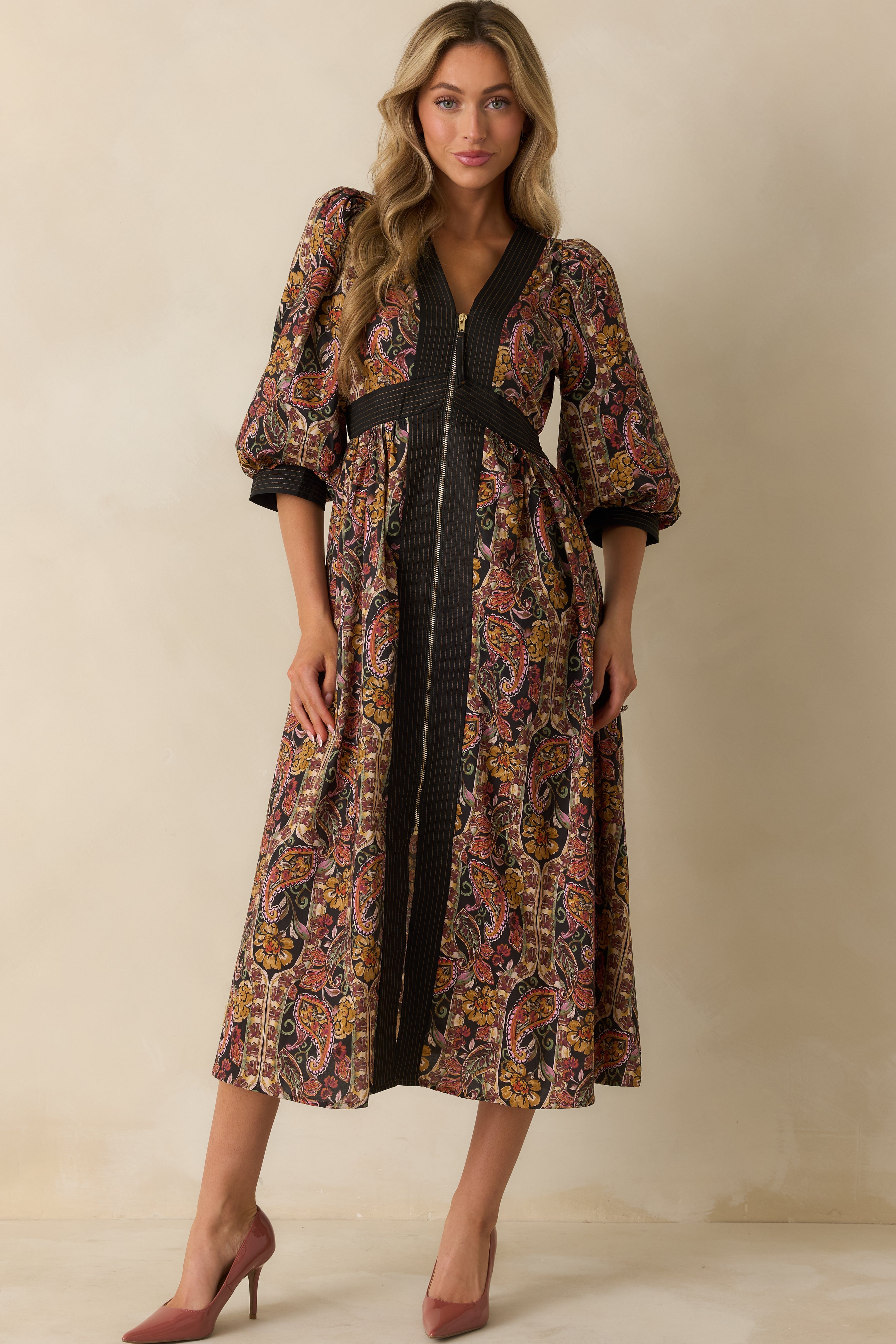 Garden at Dusk Black Multi Floral Paisley Print Cotton Zip Up Maxi Dress