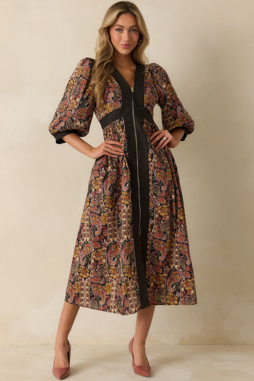 Garden at Dusk Black Multi Floral Paisley Print Cotton Zip Up Maxi Dress