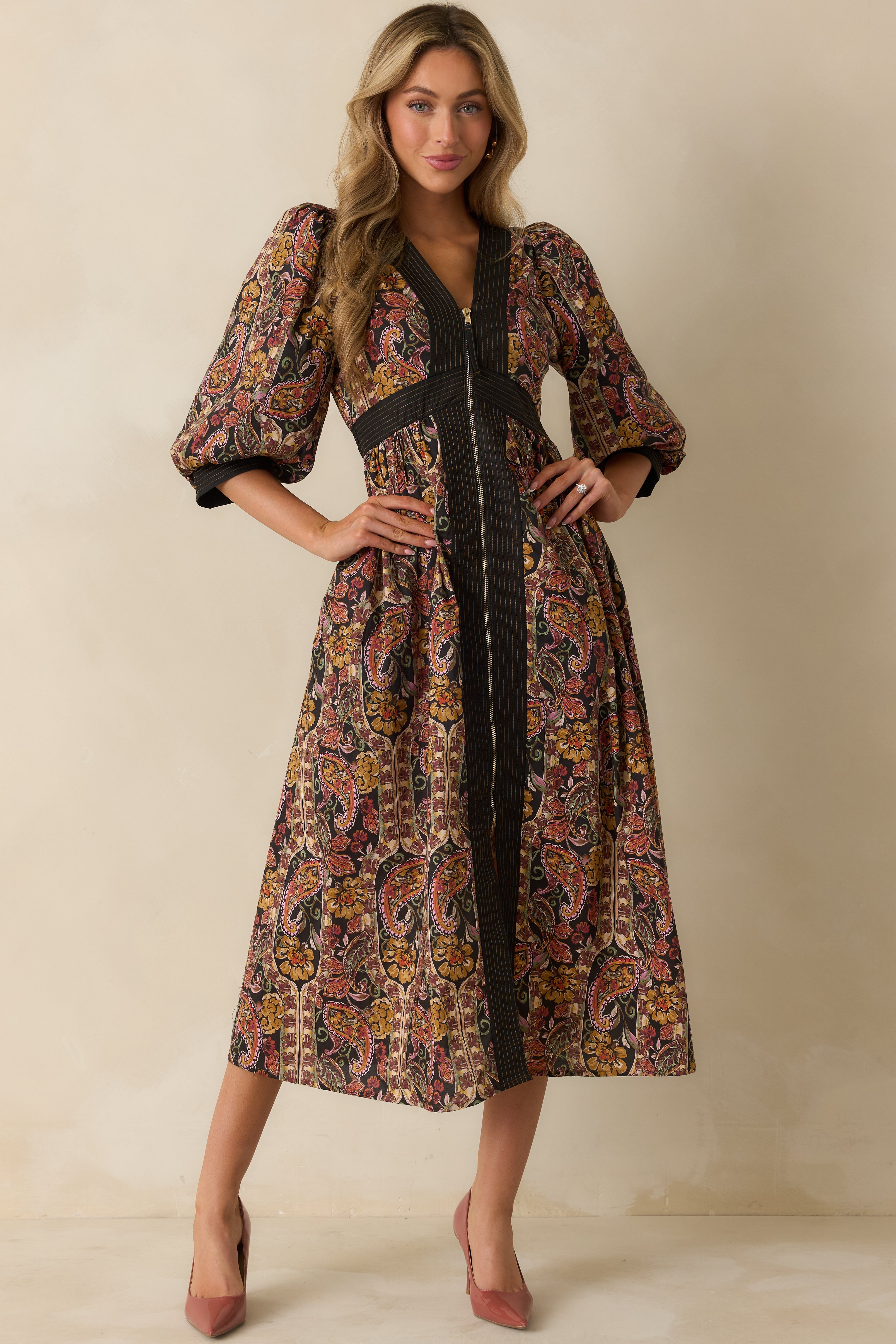 Garden at Dusk Black Multi Floral Paisley Print Cotton Zip Up Maxi Dress