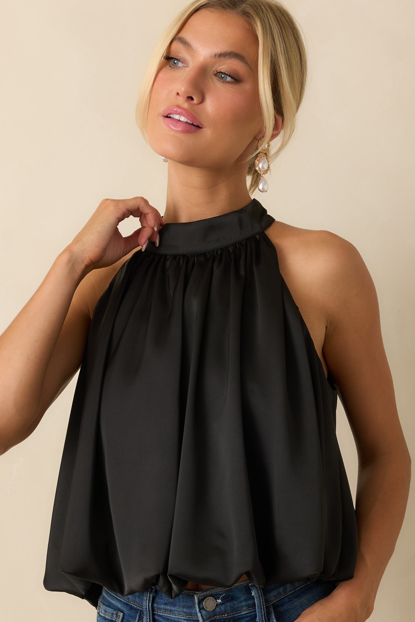 Pop the Bubbly Black Satin Blouson Halter Top