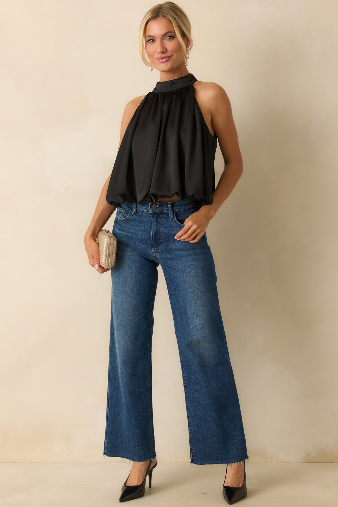 Pop the Bubbly Black Satin Blouson Halter Top