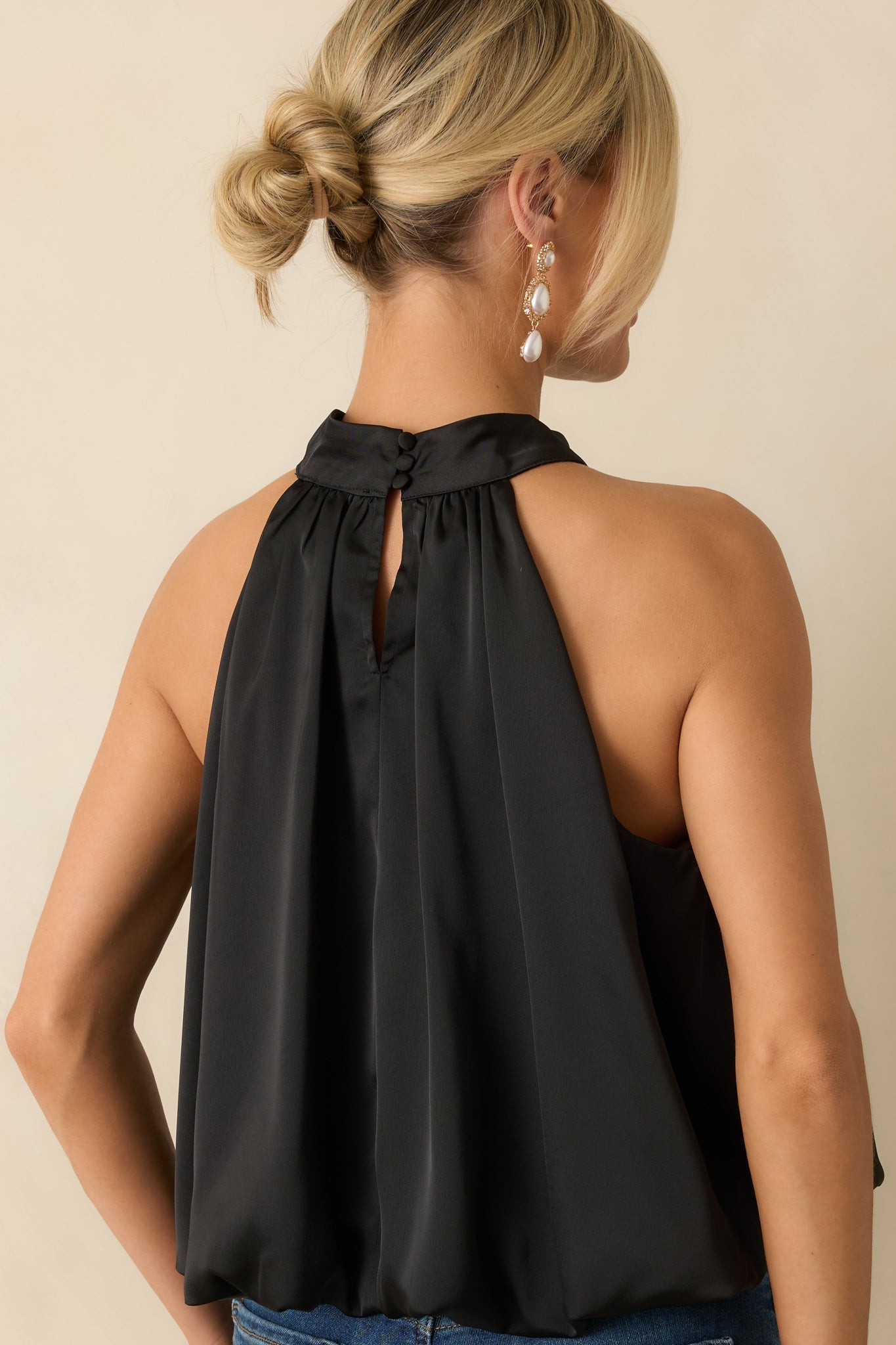Pop the Bubbly Black Satin Blouson Halter Top