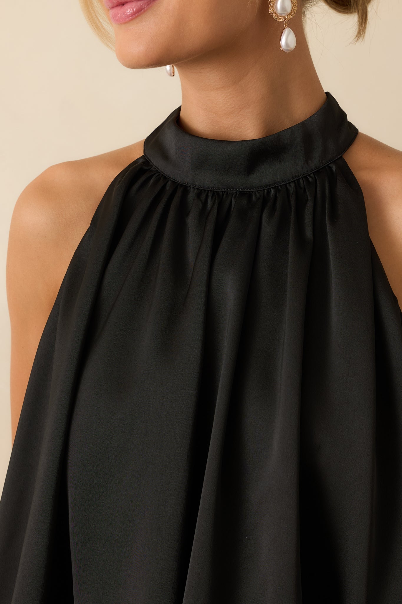 Pop the Bubbly Black Satin Blouson Halter Top