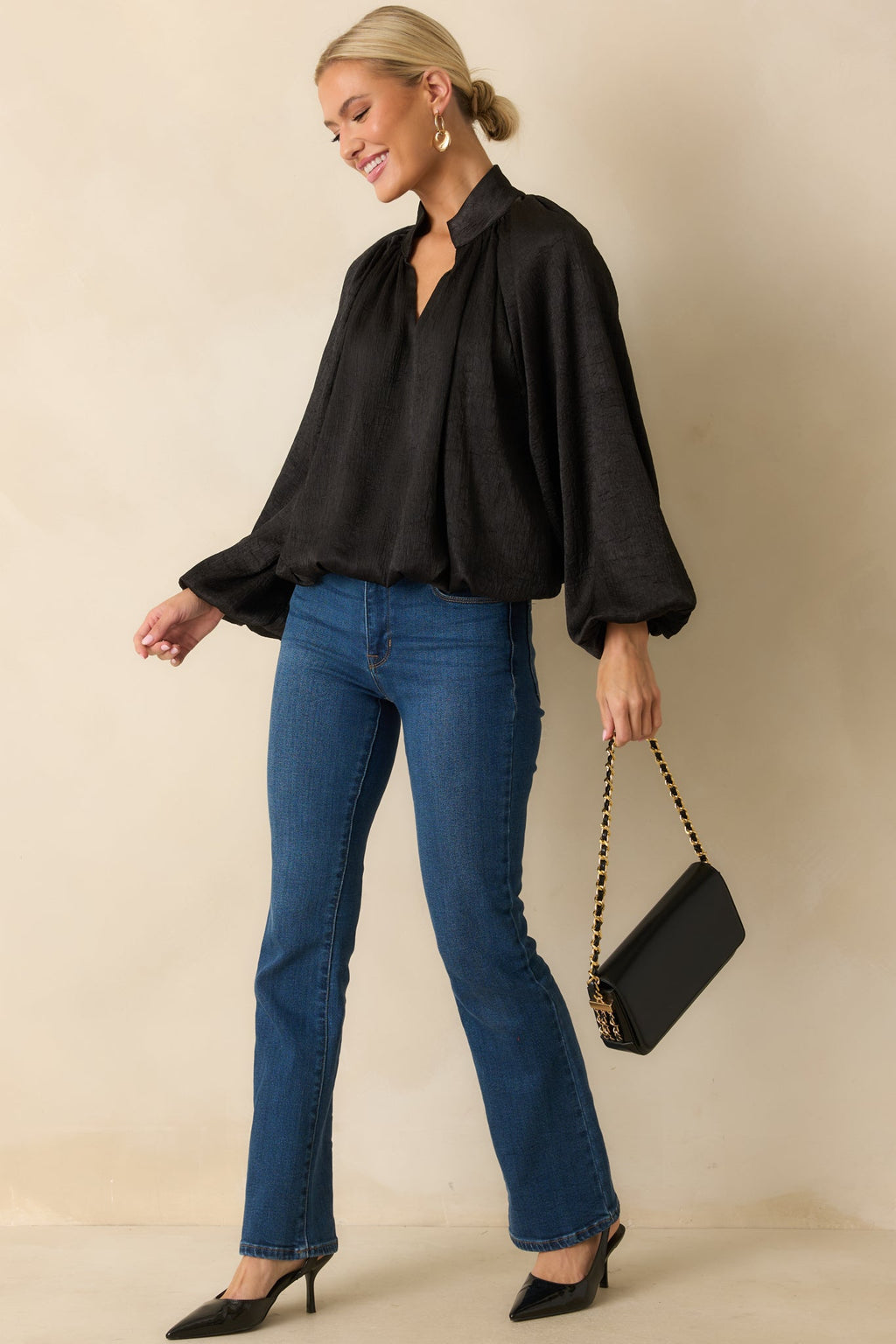 Promise Me This Black Satin V-Neck Peasant Sleeve Top