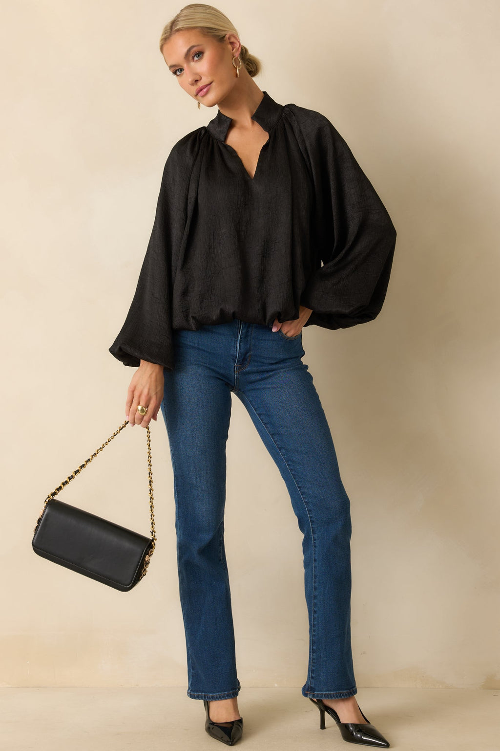 Promise Me This Black Satin V-Neck Peasant Sleeve Top
