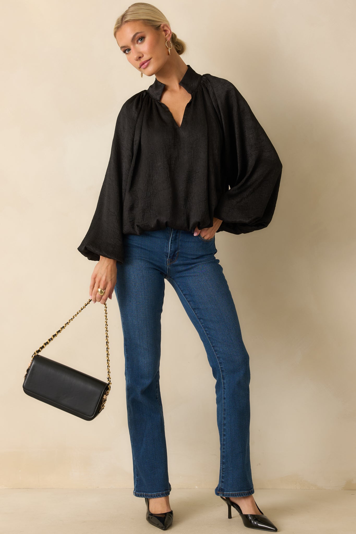 Promise Me This Black Satin V-Neck Peasant Sleeve Top