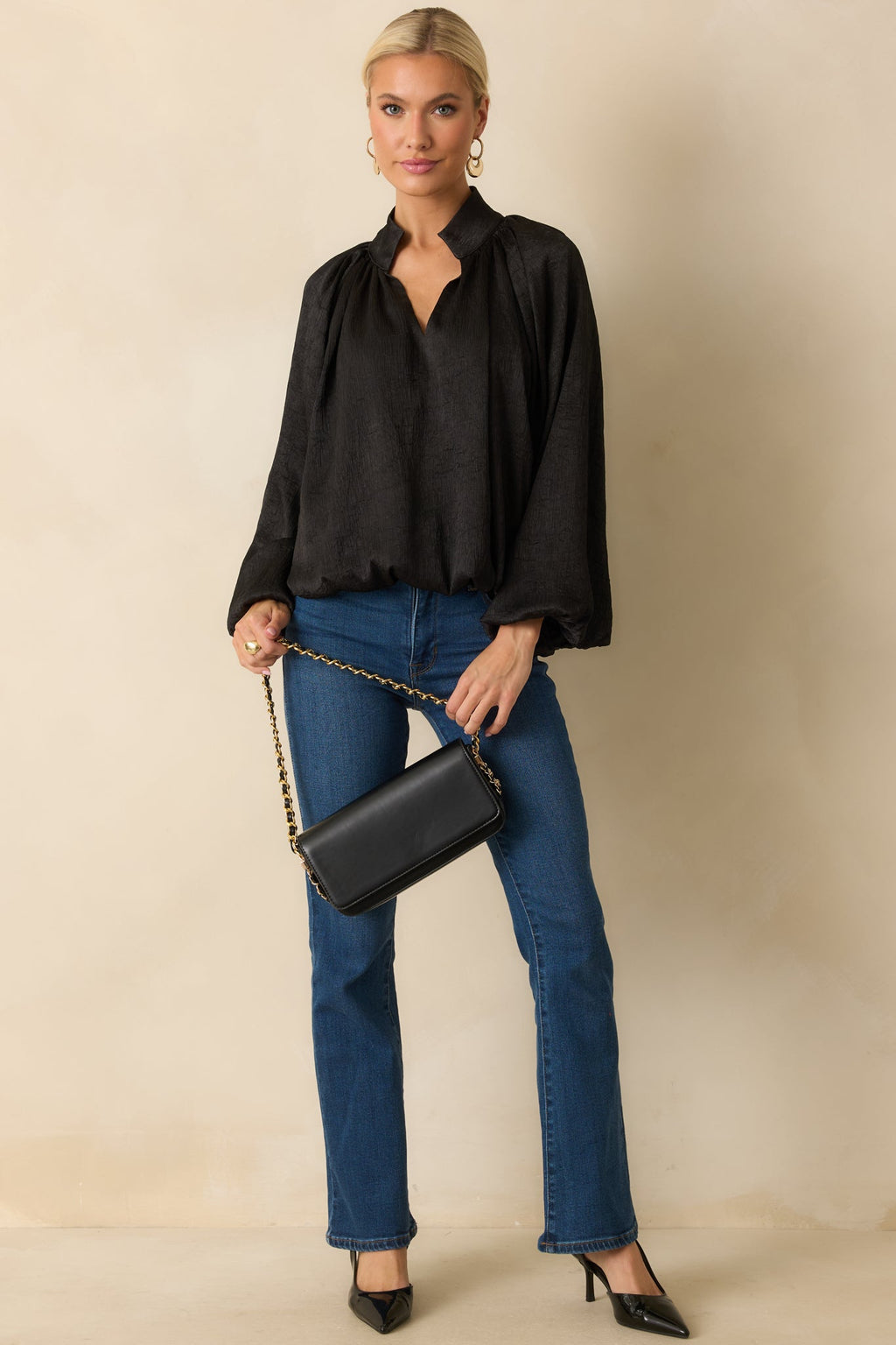 Promise Me This Black Satin V-Neck Peasant Sleeve Top