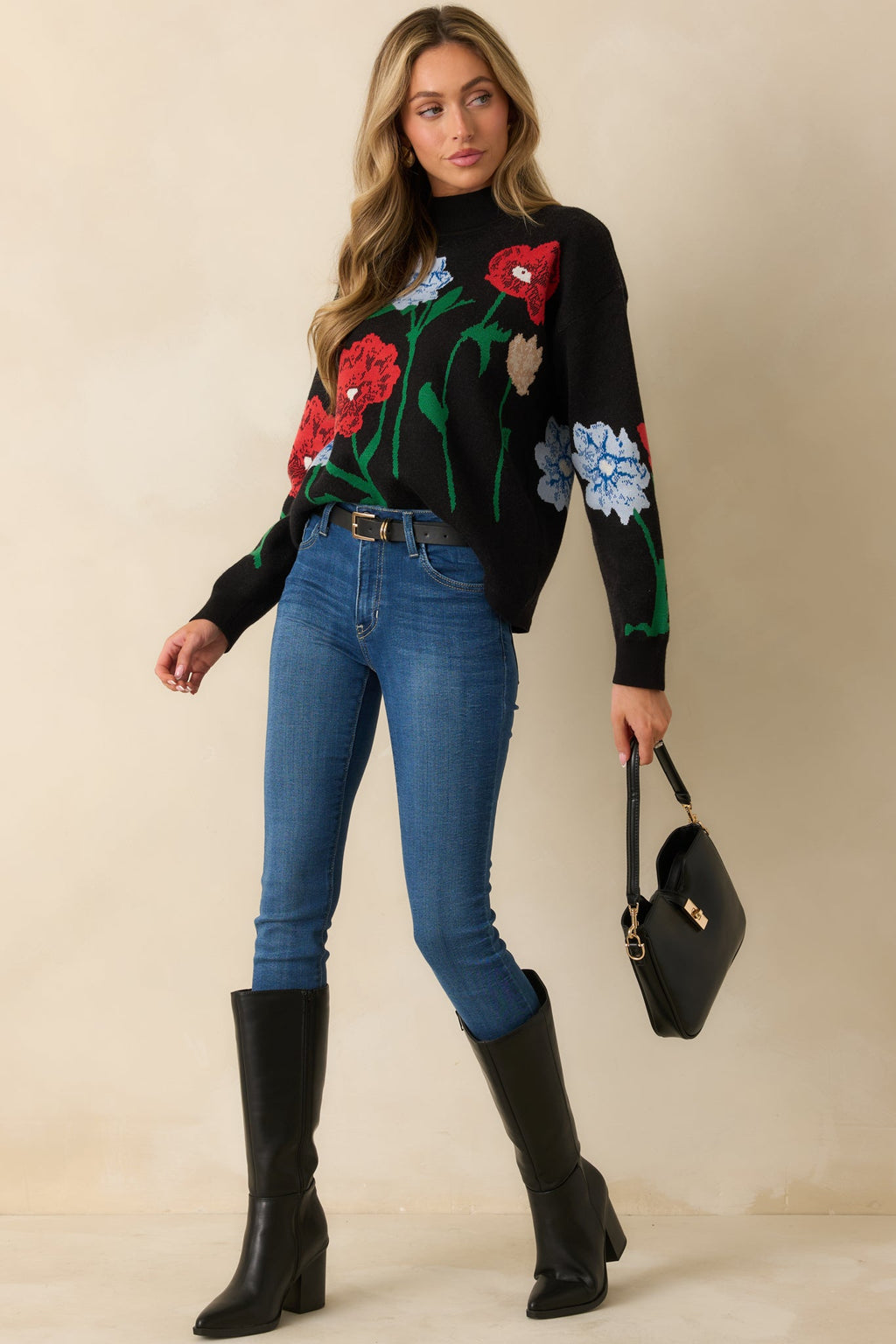 Garden Stroll Black Multi Floral Knit Sweater