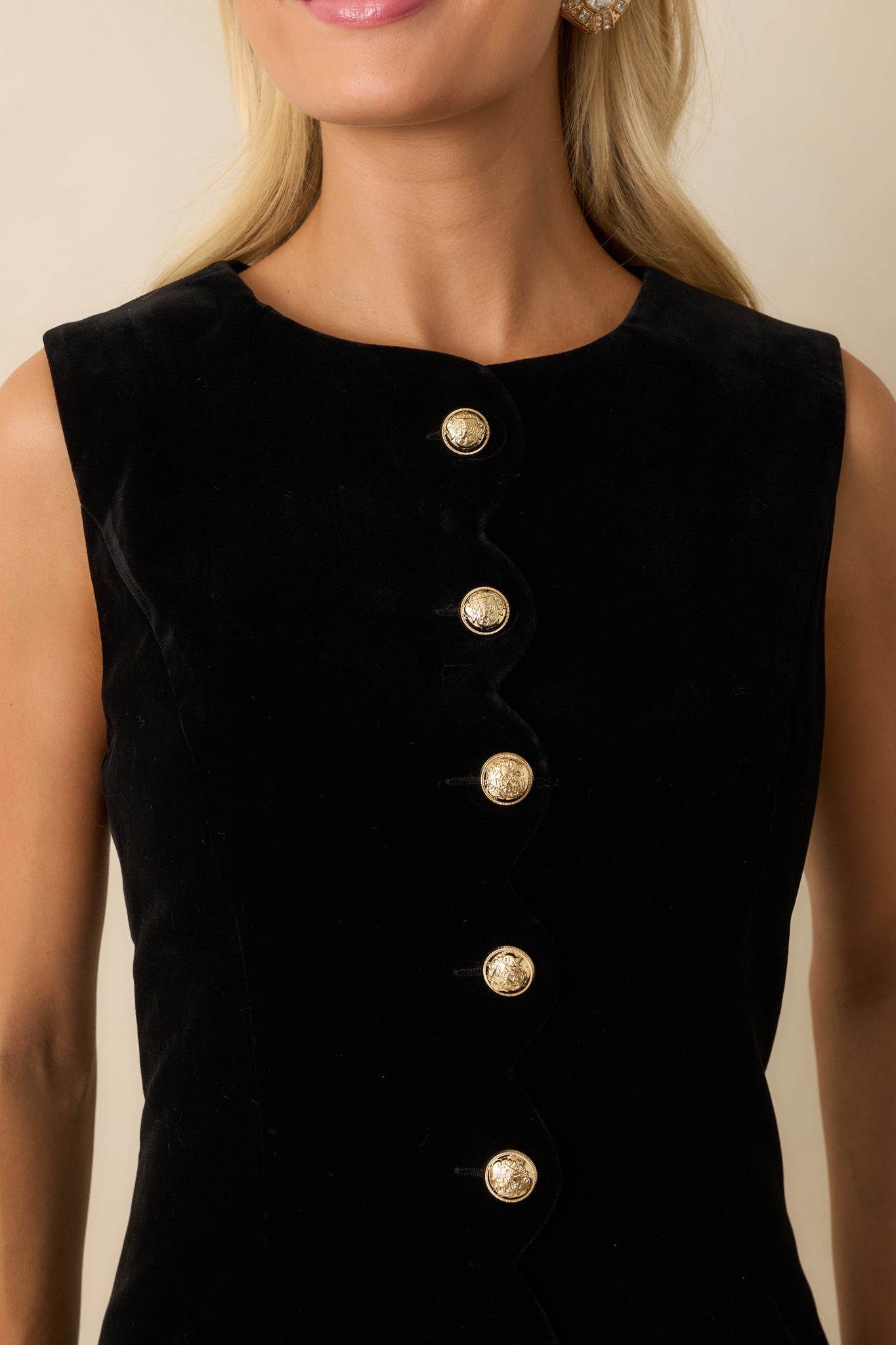 Command the Room Black Velvet Scalloped Button Front Mini Dress