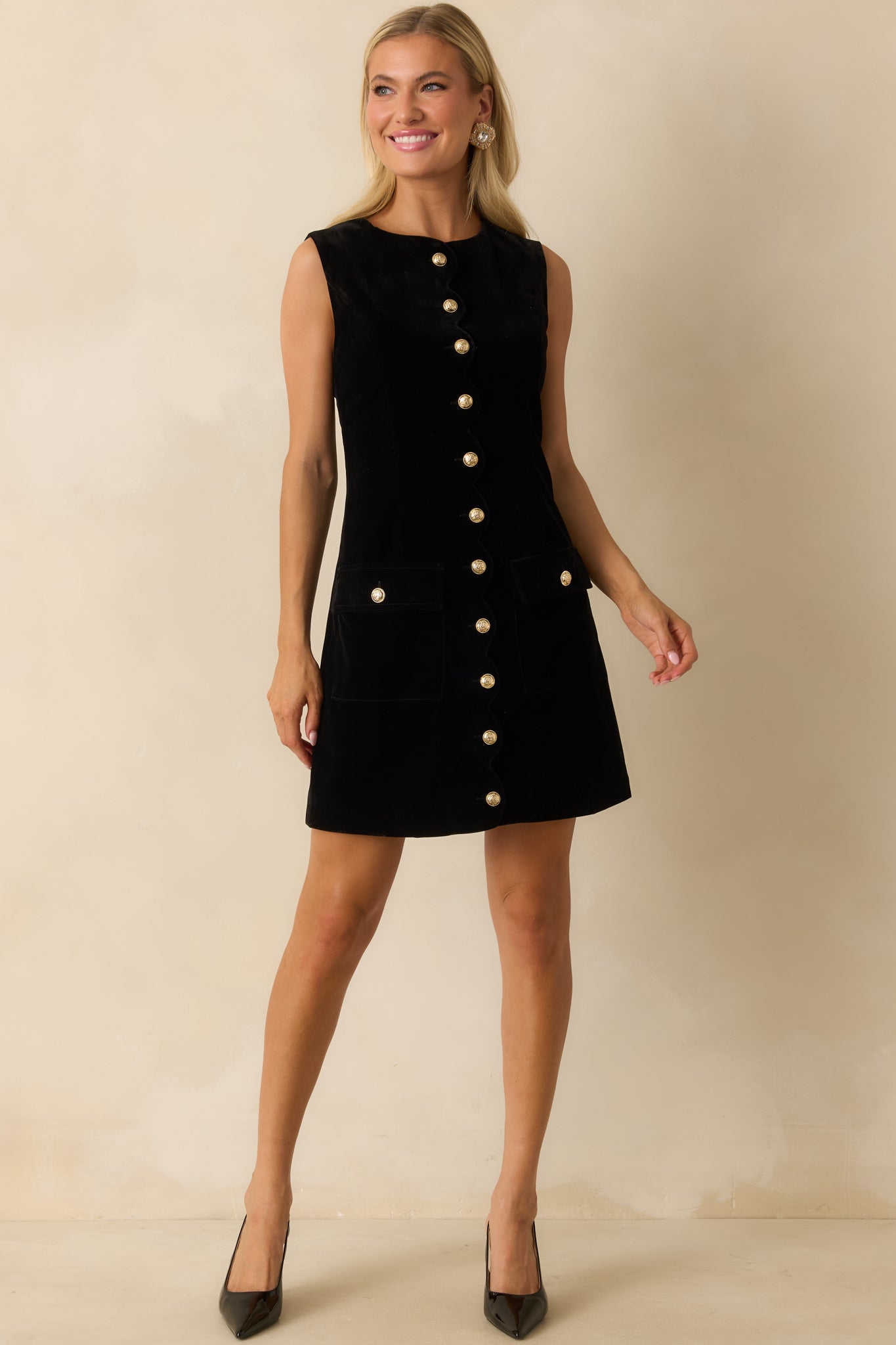 Command the Room Black Velvet Scalloped Button Front Mini Dress