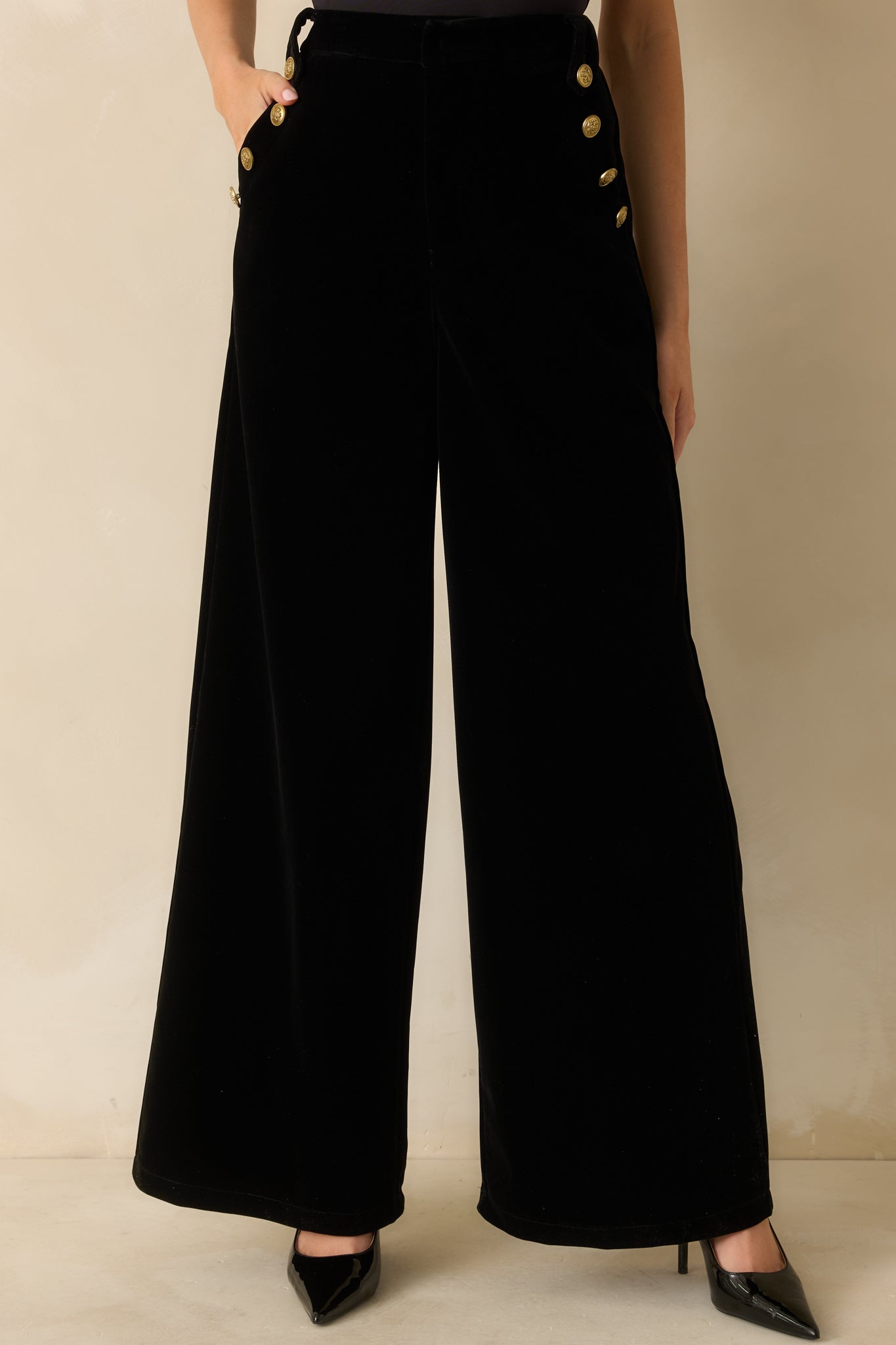 The Sleek Standard Black Velvet Button Accent Wide Leg Pants