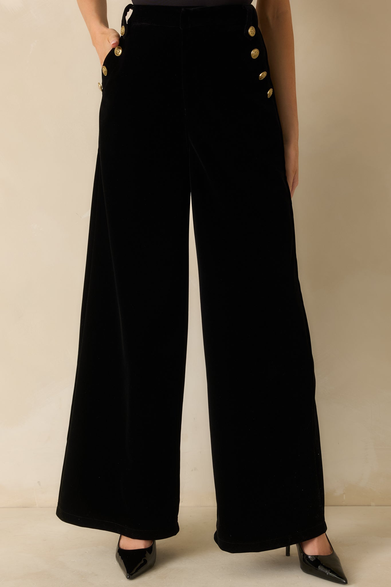 The Sleek Standard Black Velvet Button Accent Wide Leg Pants