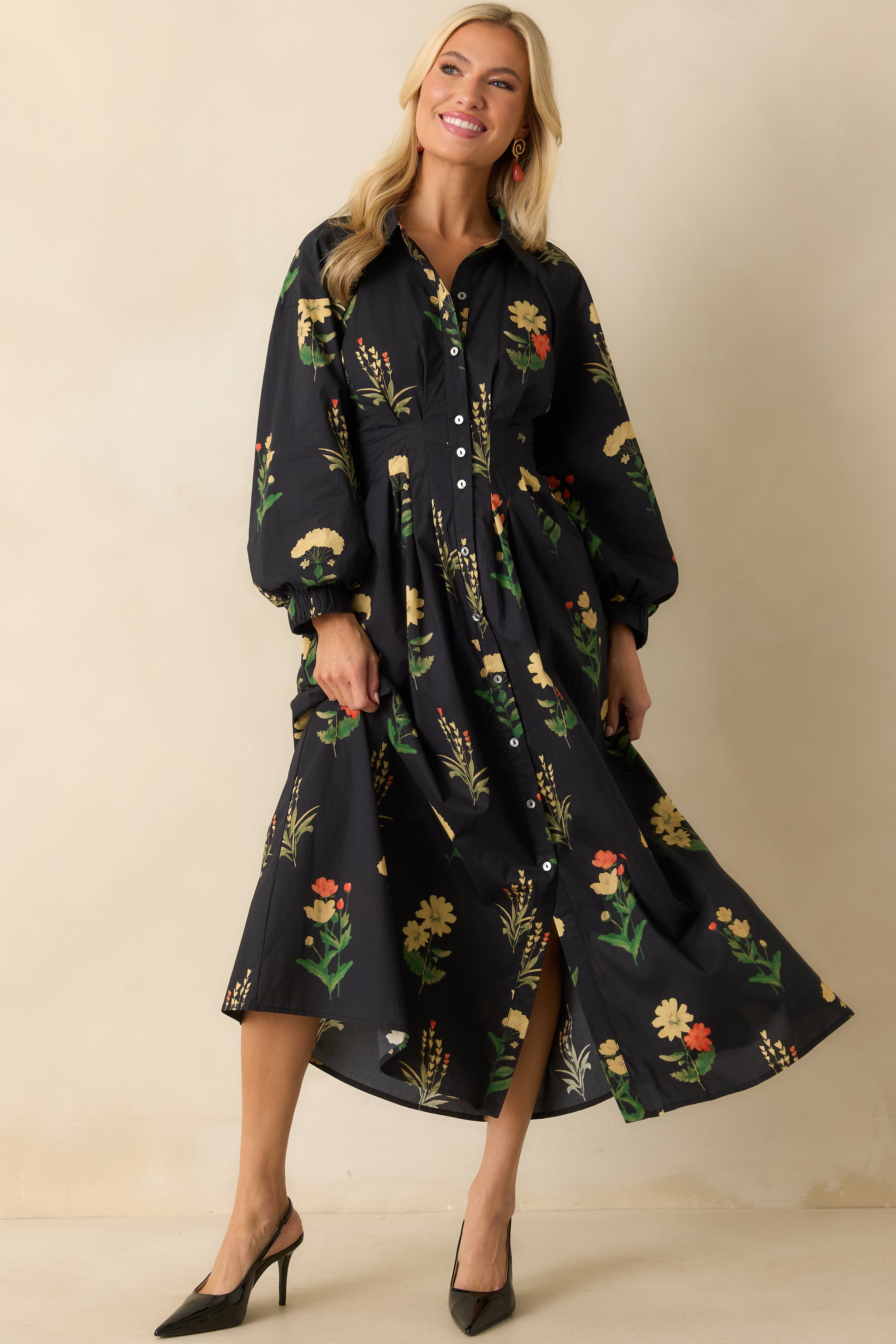 Endlessly Charmed Black Multi Floral Print Cotton Button Front Maxi Dress