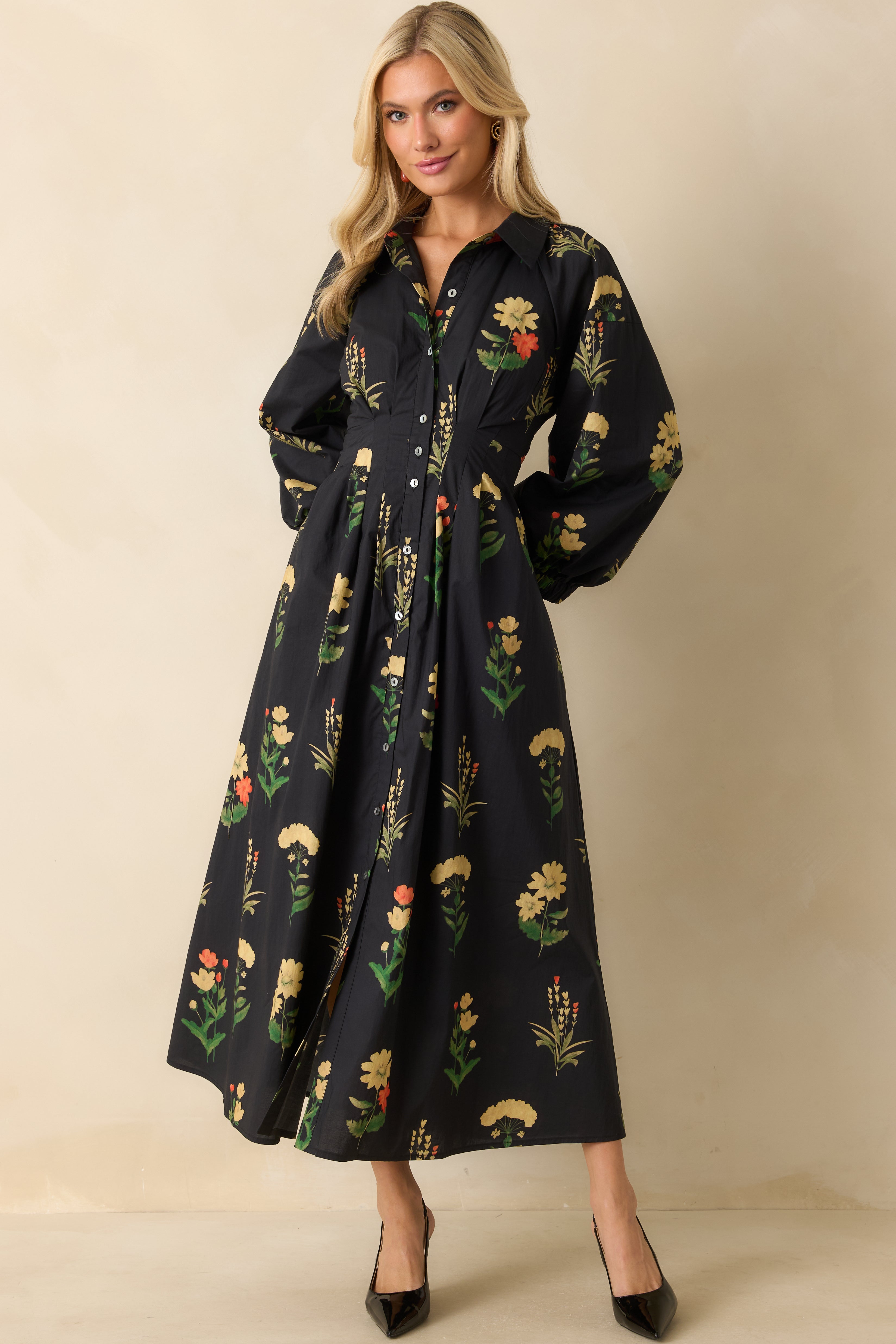 Endlessly Charmed Black Multi Floral Print Cotton Button Front Maxi Dress