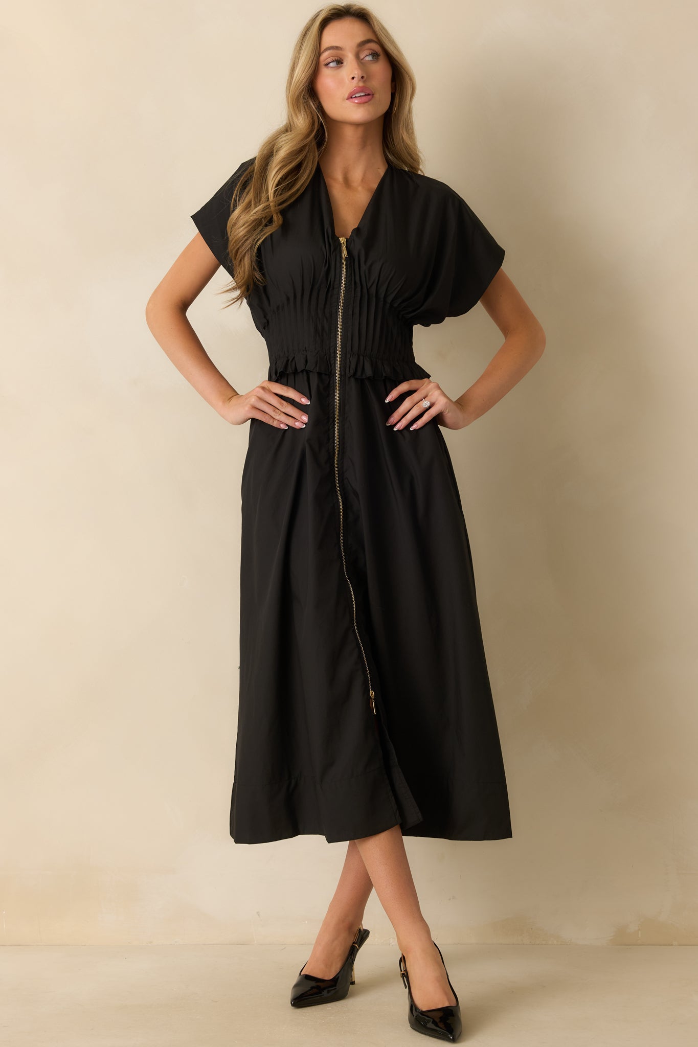 Let It Be Easy Black Smocked Waist Zip Maxi Dress