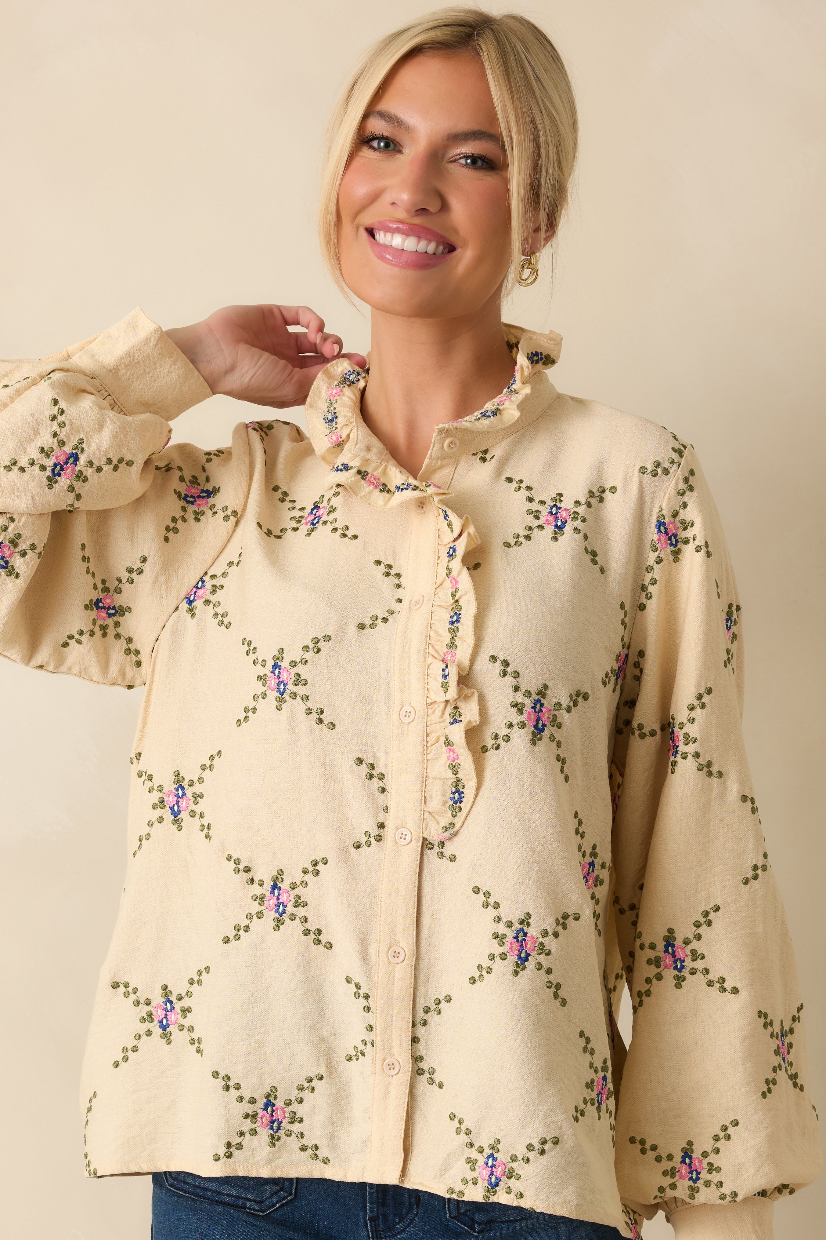 Petal Perspective Ivory Multi Floral Embroidered Blouse