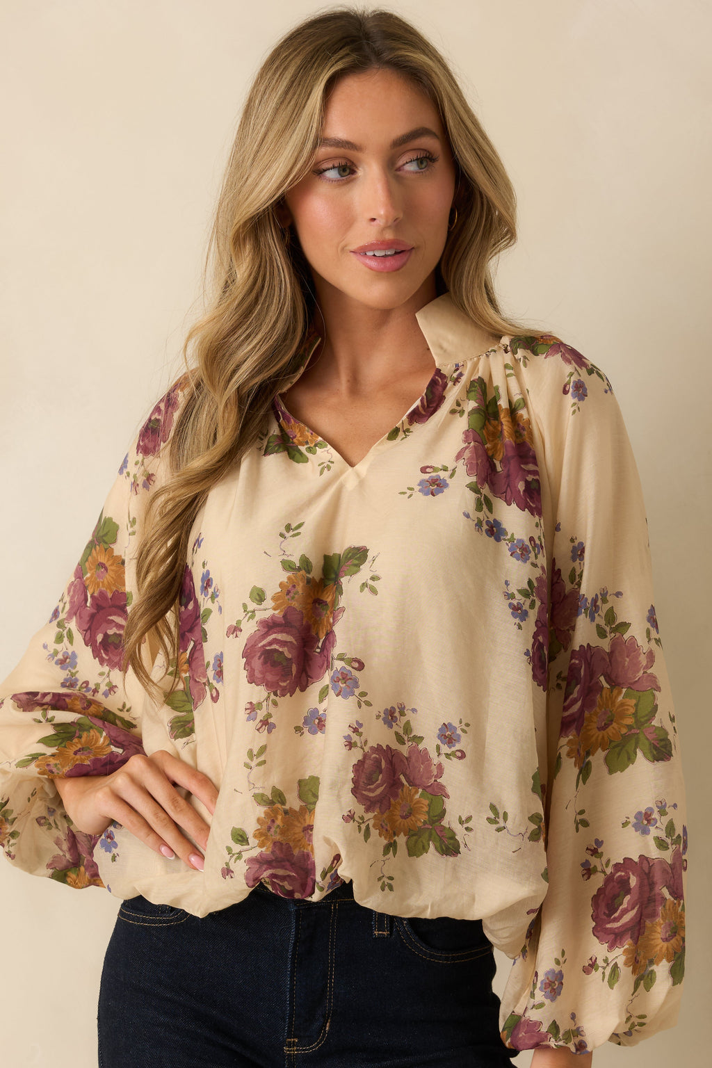 Garden Daydream Ivory Multi Floral Peasant Sleeve Blouse
