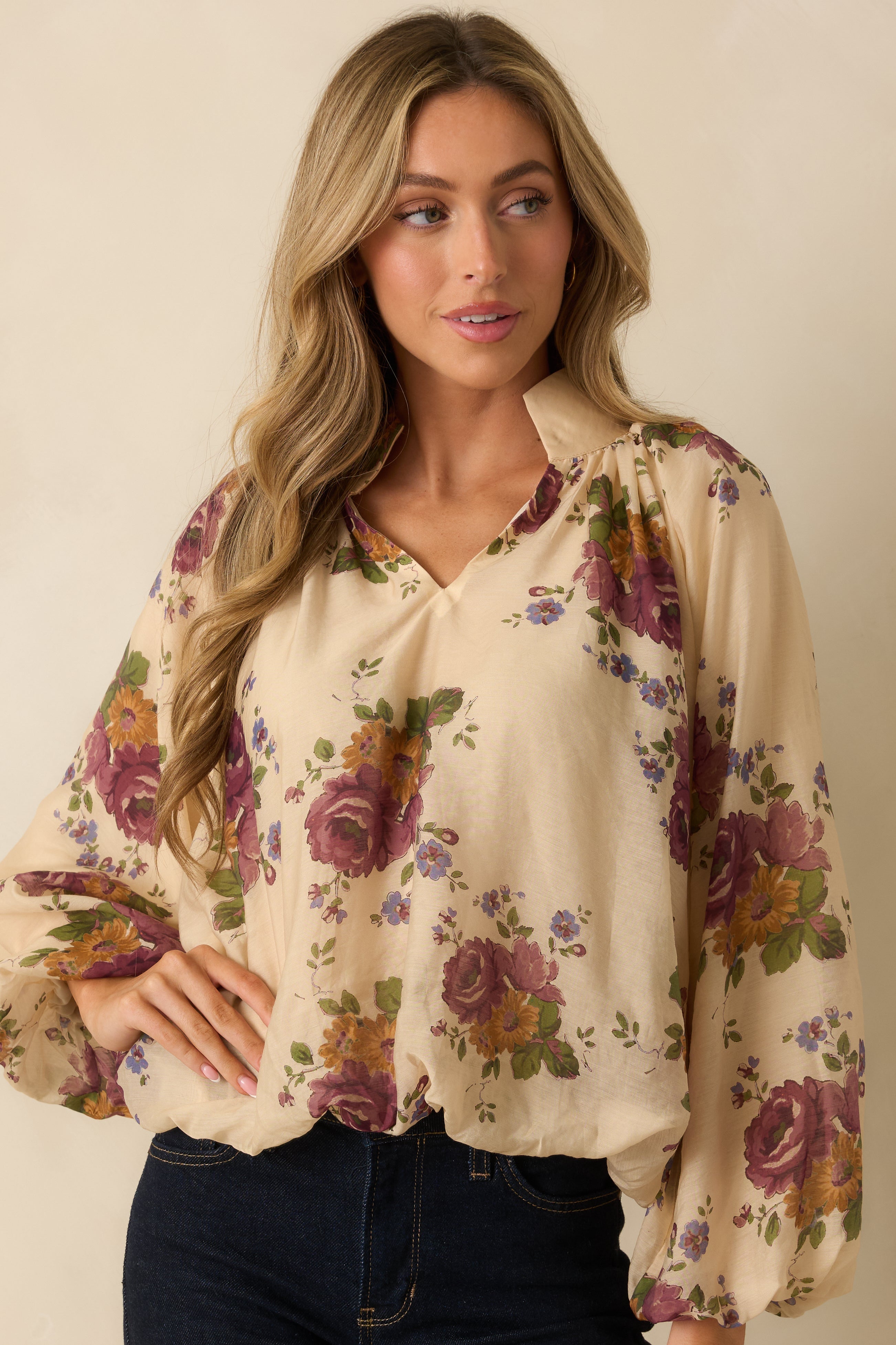 Garden Daydream Ivory Multi Floral Peasant Sleeve Blouse