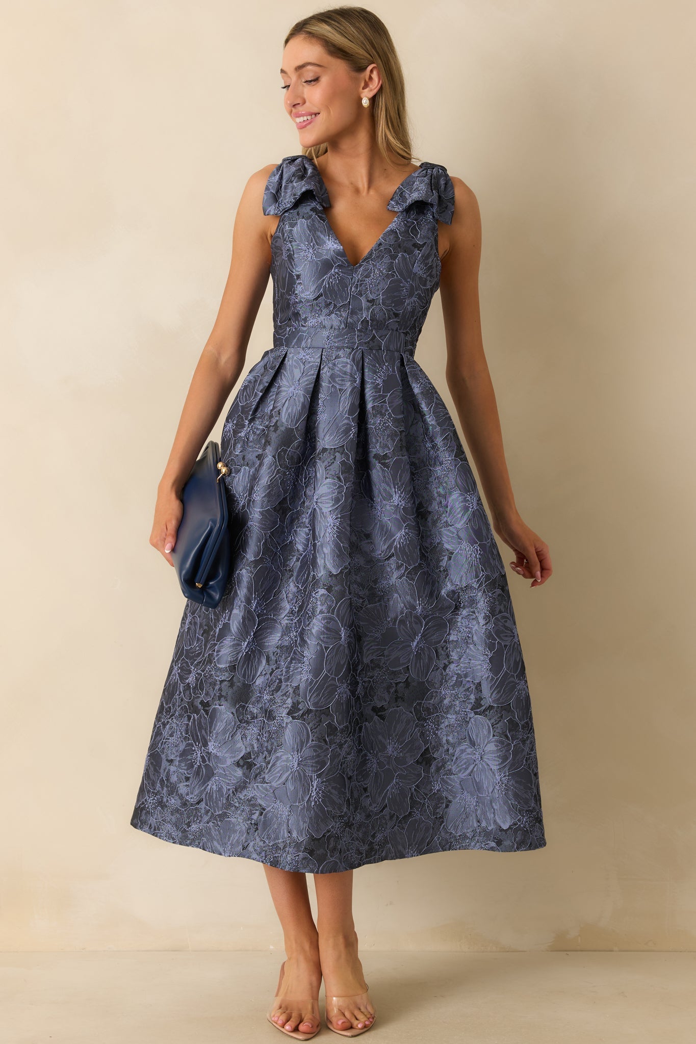 Enchanting Elegance Slate Blue Floral Jacquard Midi Dress