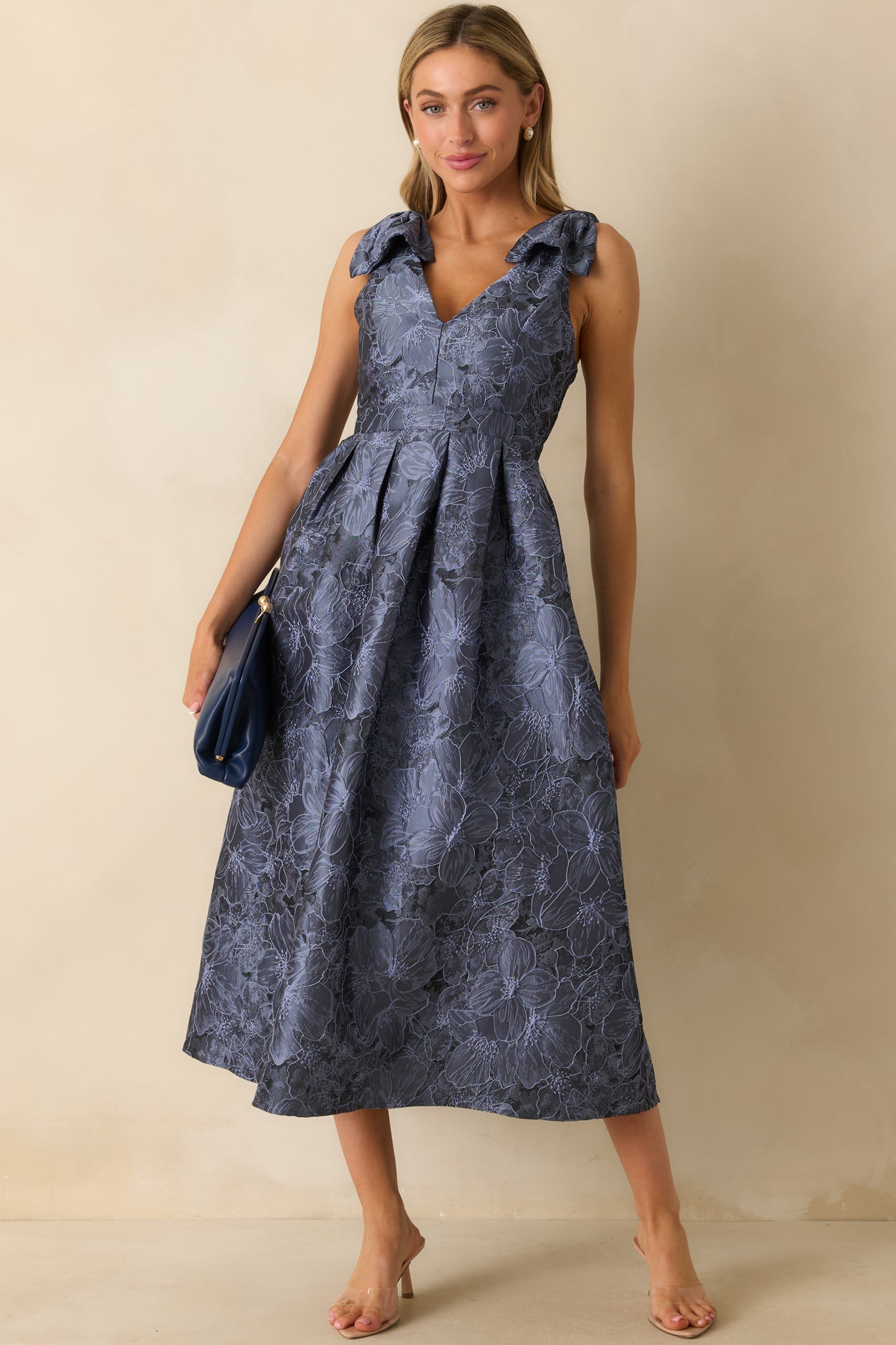 Enchanting Elegance Slate Blue Floral Jacquard Midi Dress