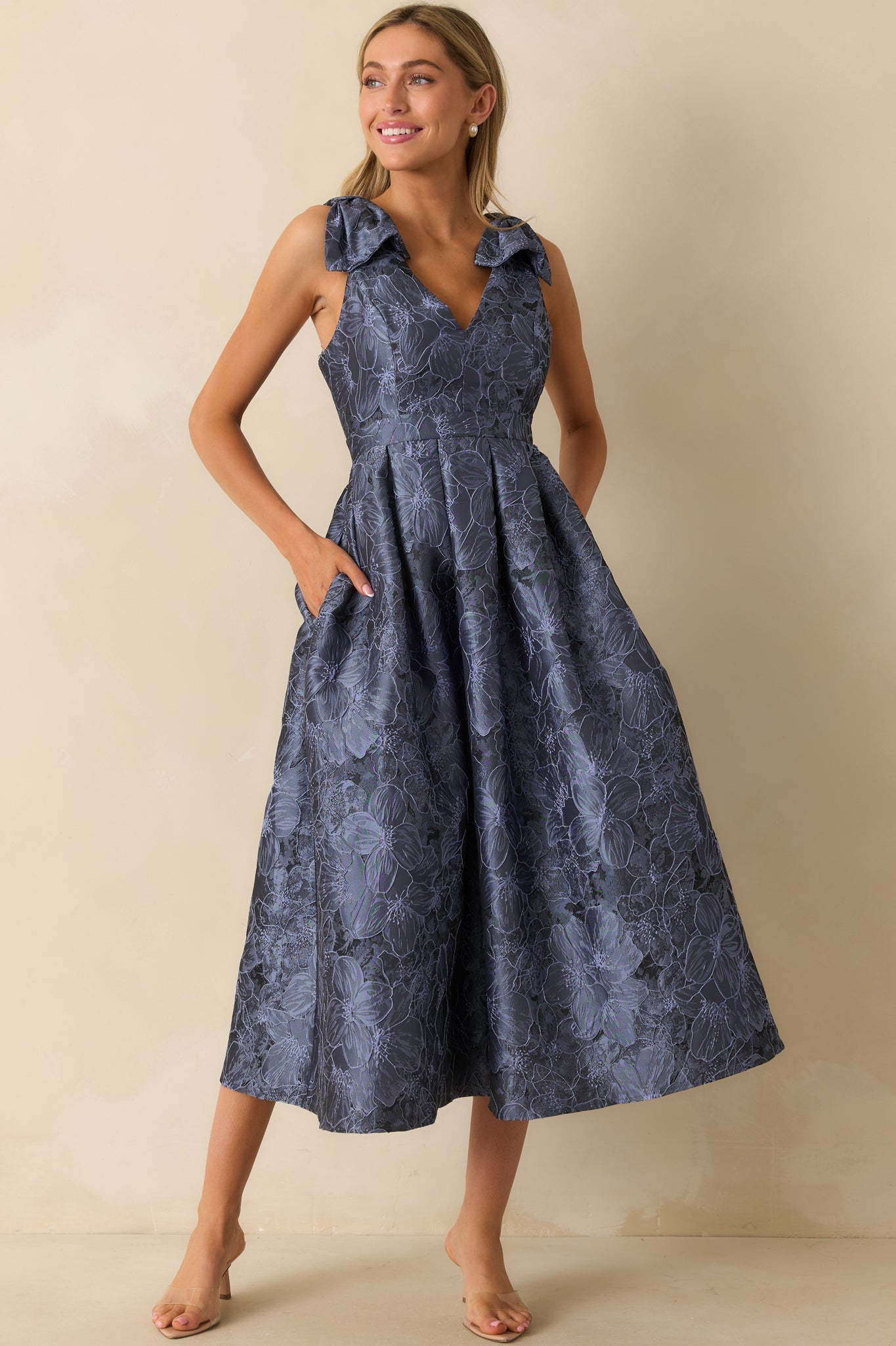 Enchanting Elegance Slate Blue Floral Jacquard Midi Dress