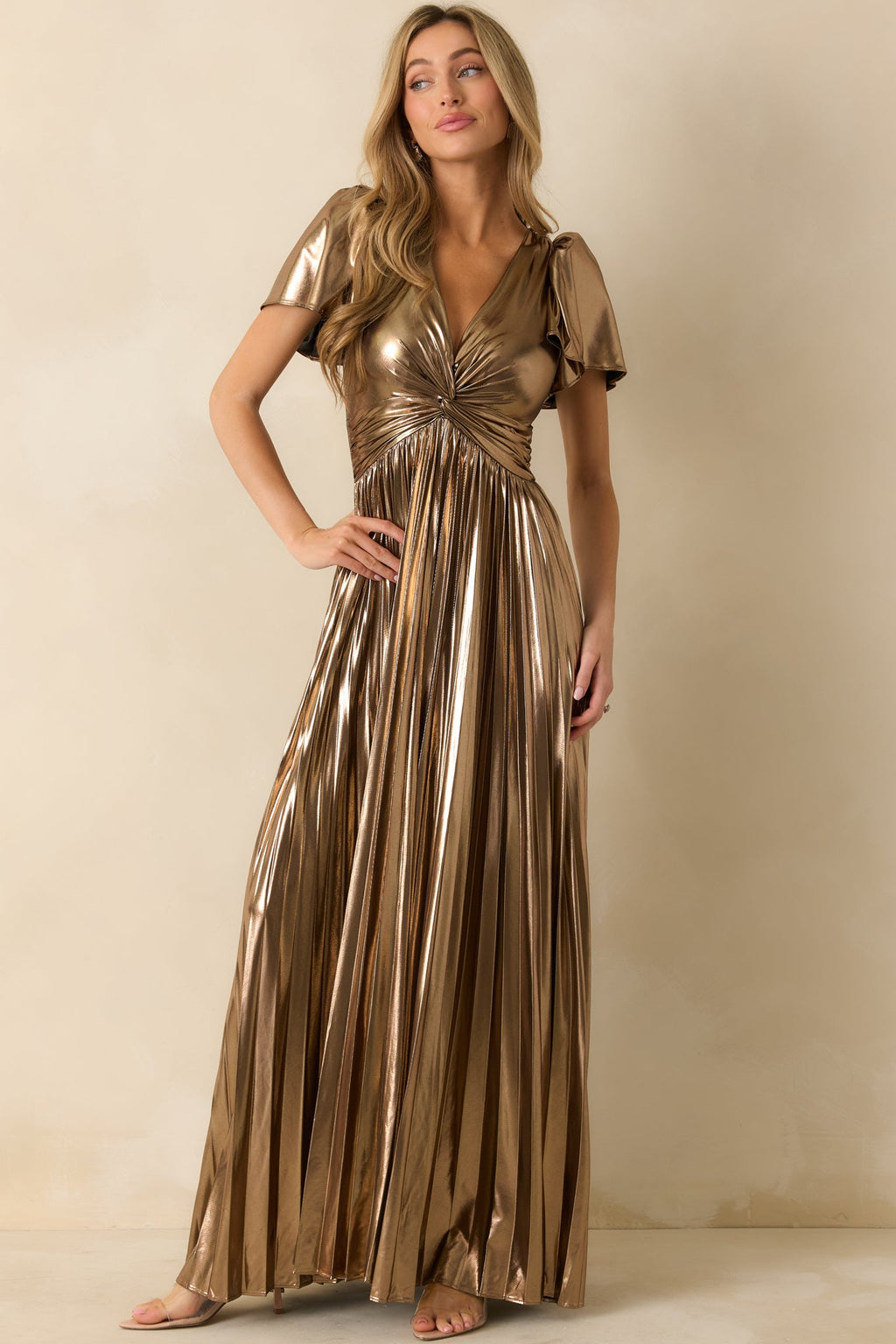 Chasing Stardust Bronze Metallic Pleated Maxi Dress
