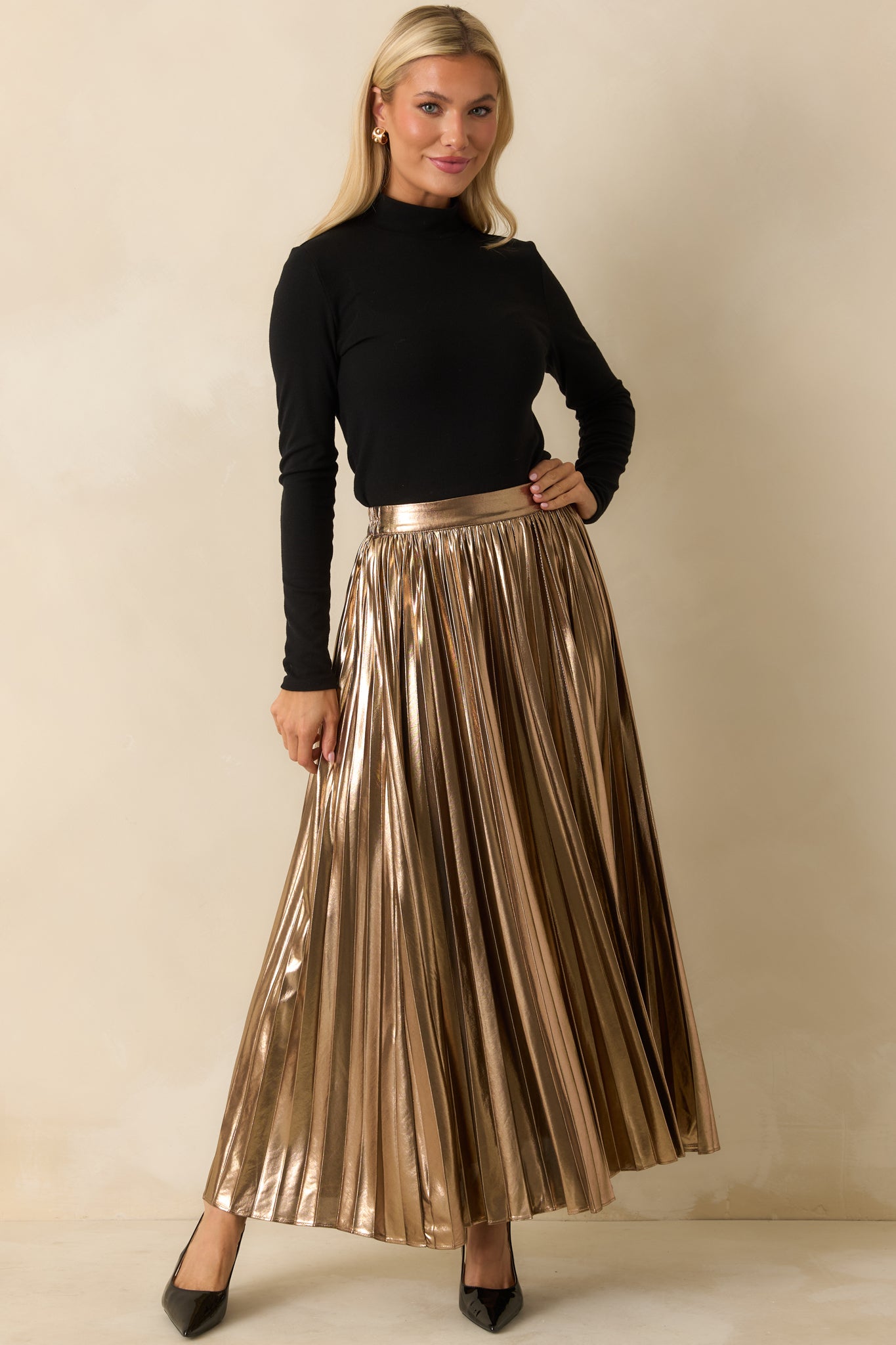 Light the Night Bronze Metallic Pleated Maxi Skirt