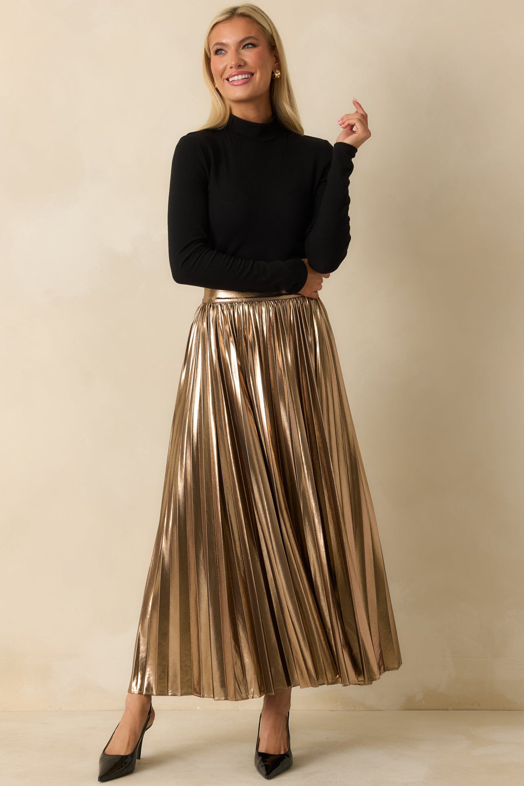 Light the Night Bronze Metallic Pleated Maxi Skirt