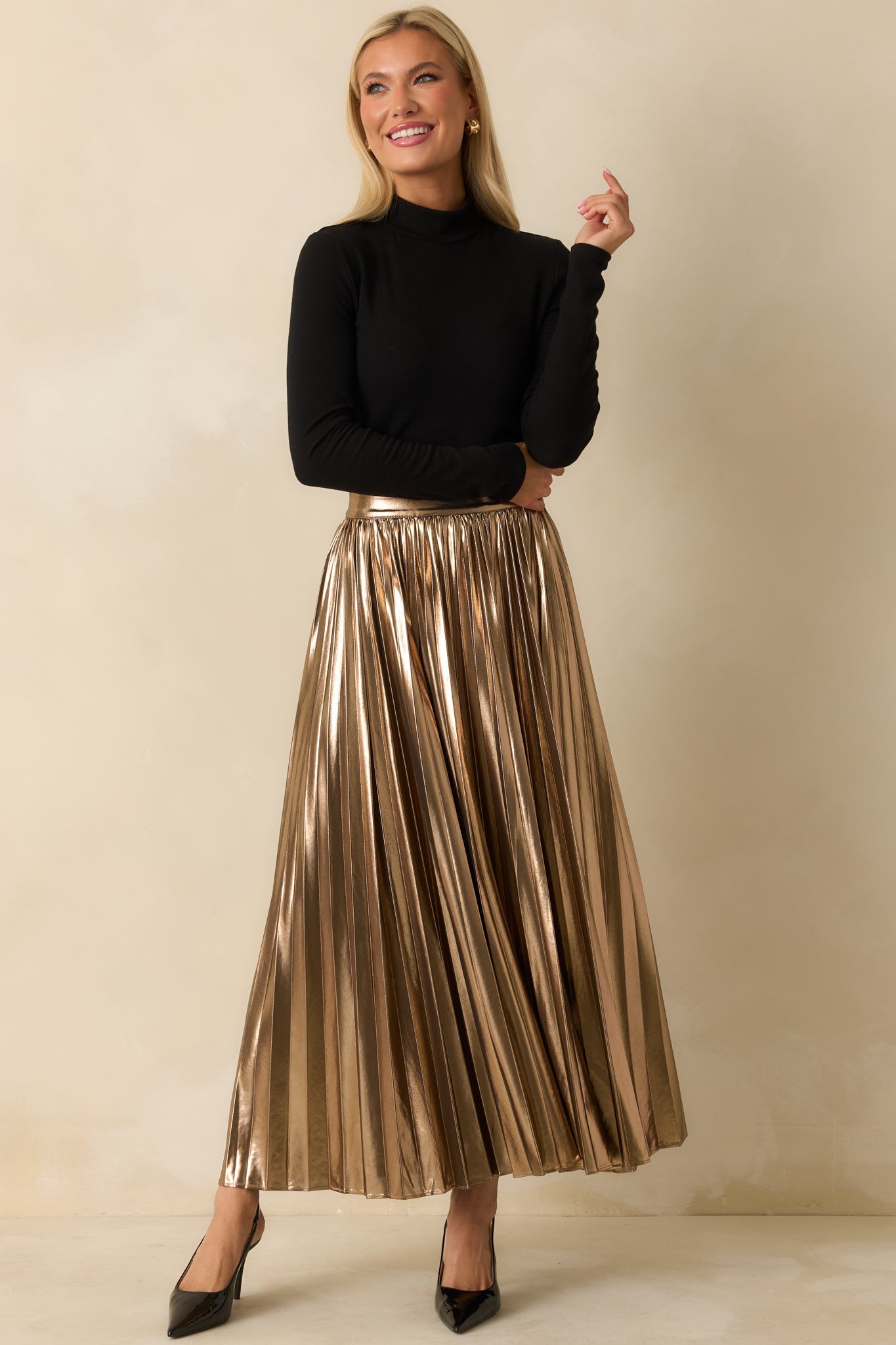 Light the Night Bronze Metallic Pleated Maxi Skirt