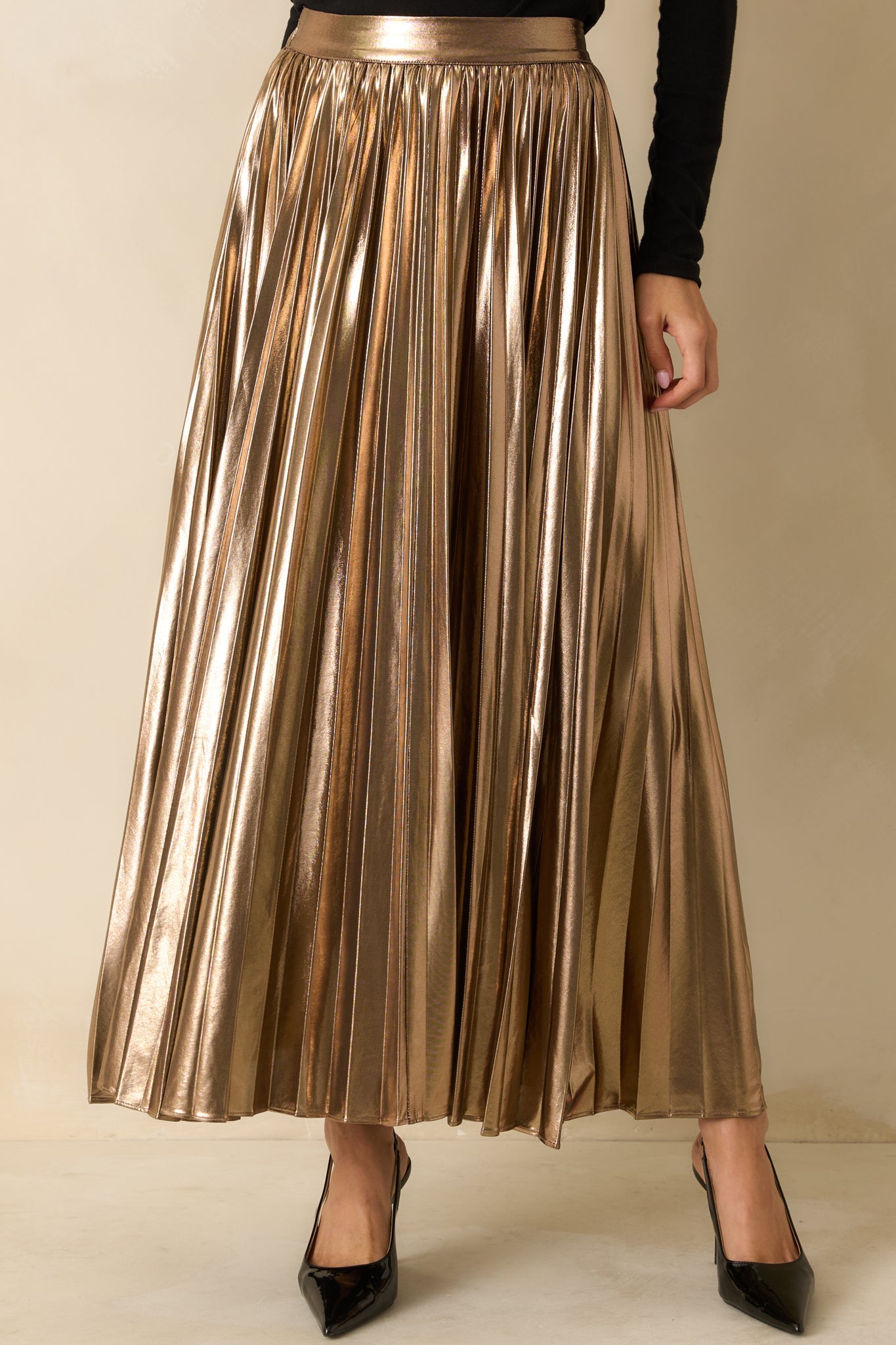 Light the Night Bronze Metallic Pleated Maxi Skirt