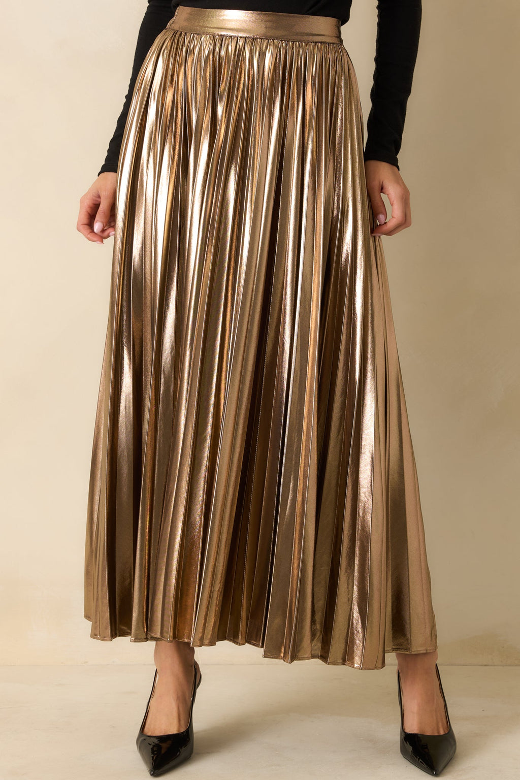 Light the Night Bronze Metallic Pleated Maxi Skirt