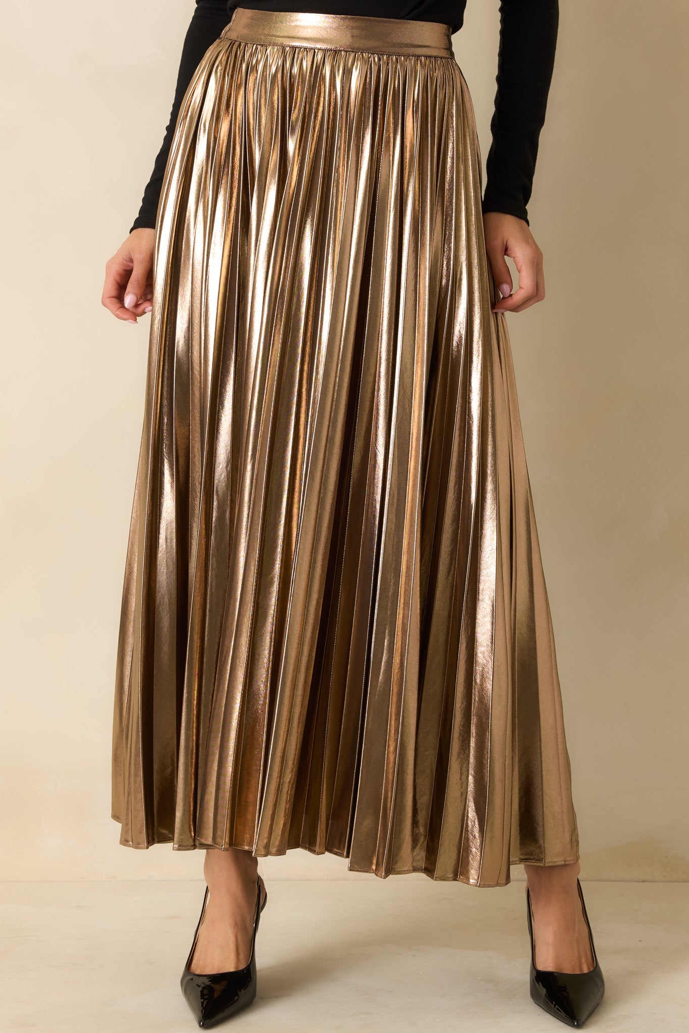 Light the Night Bronze Metallic Pleated Maxi Skirt