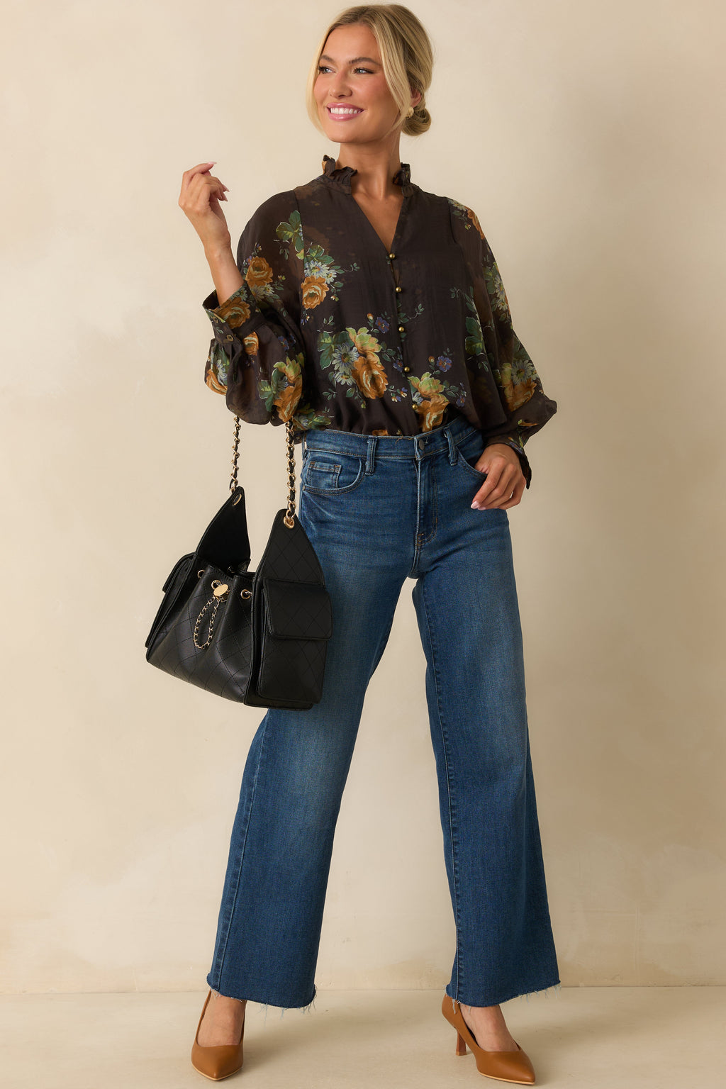 Sweet as Petals Brown Multi Floral Print Button Up Blouse