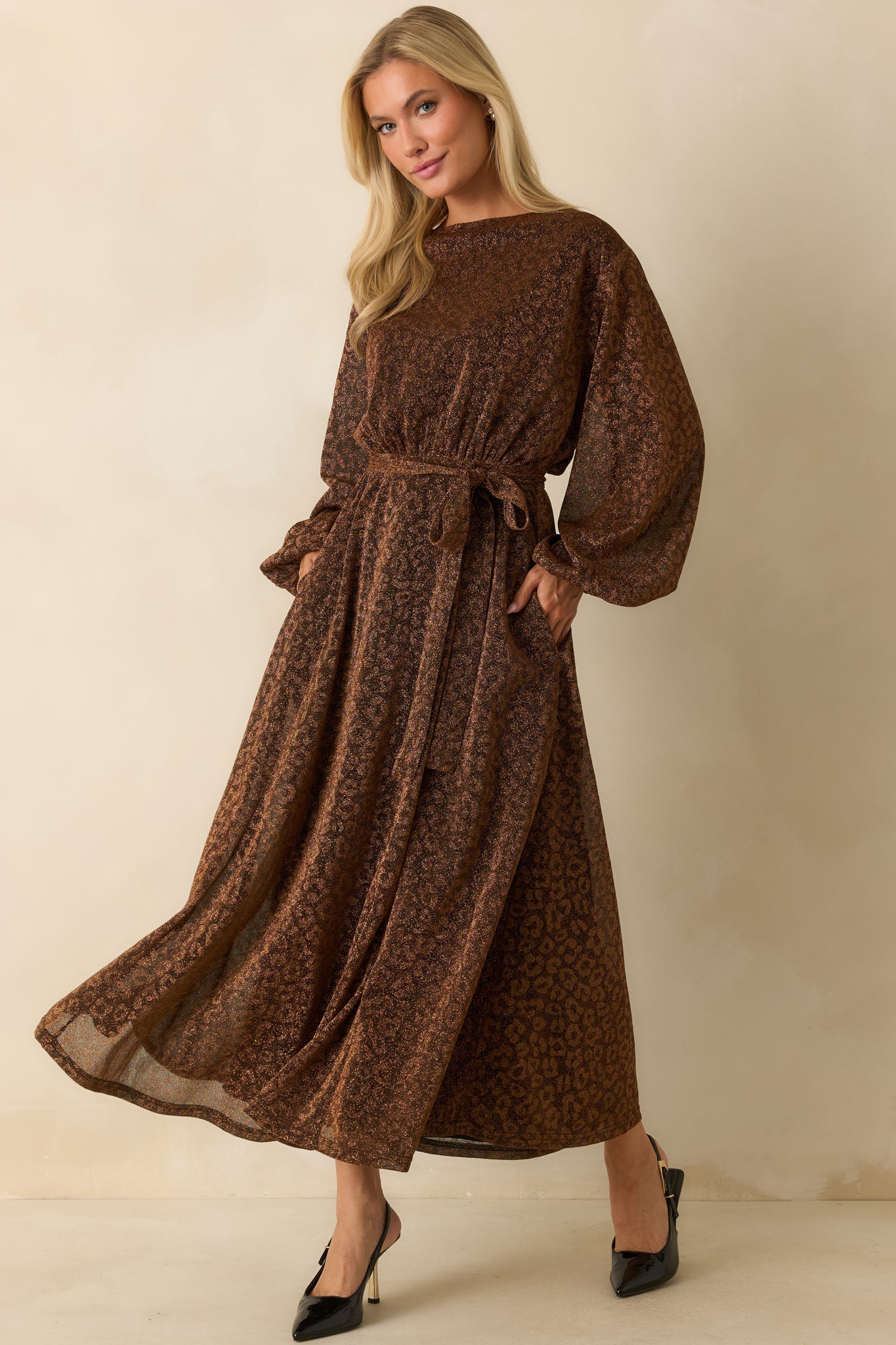 Subtle Spark Brown Leopard Print Shimmer Long Sleeve Maxi Dress