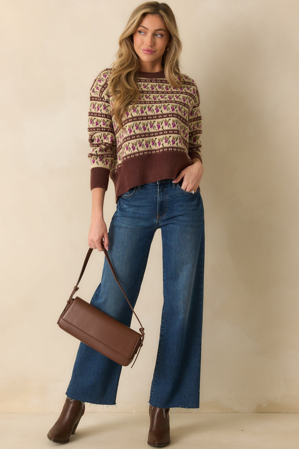 Guess What’s Next Brown Multi Fair Isle Knit Crewneck Sweater