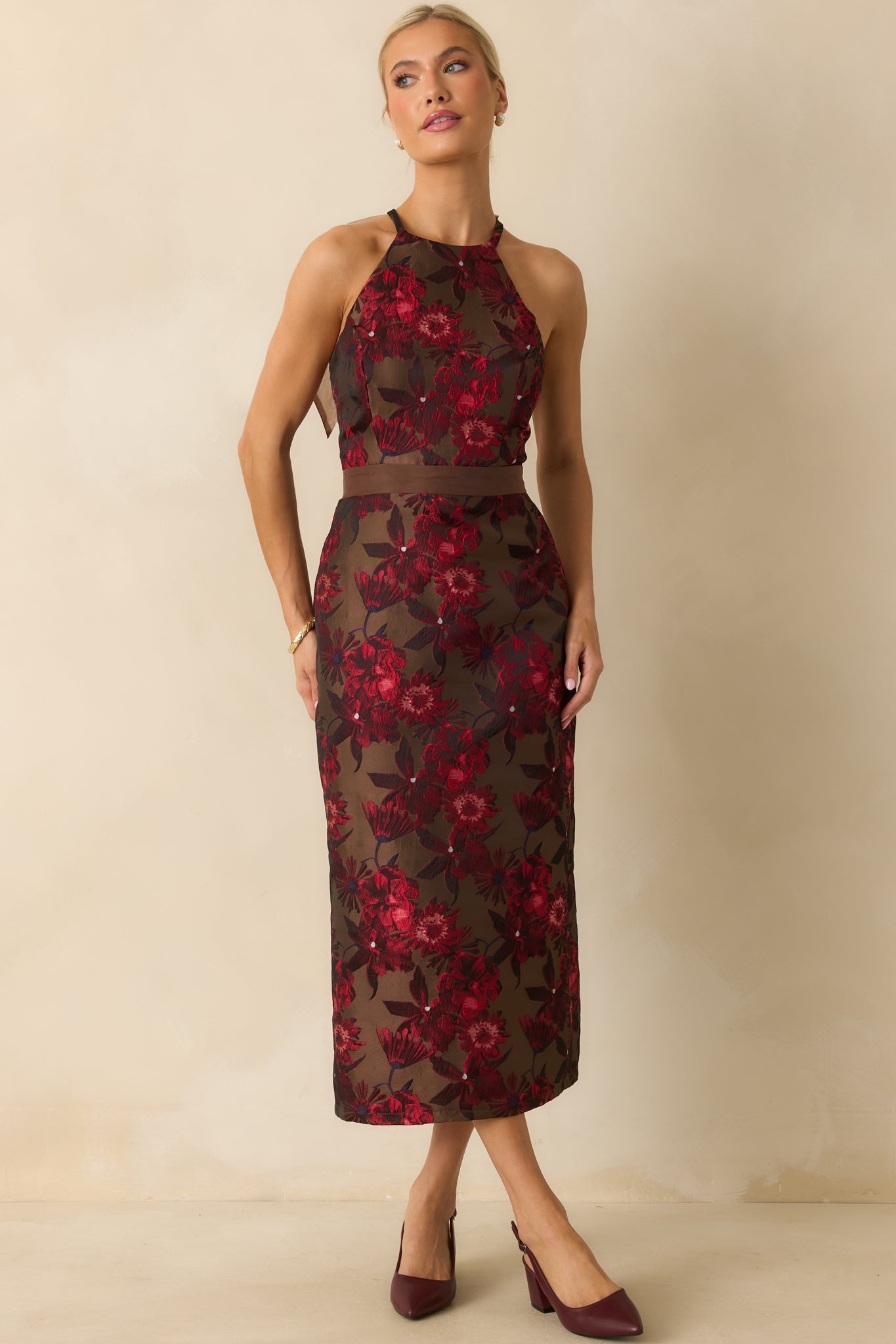 For the Storyline Mocha Brown Multi Floral Jacquard Maxi Dress