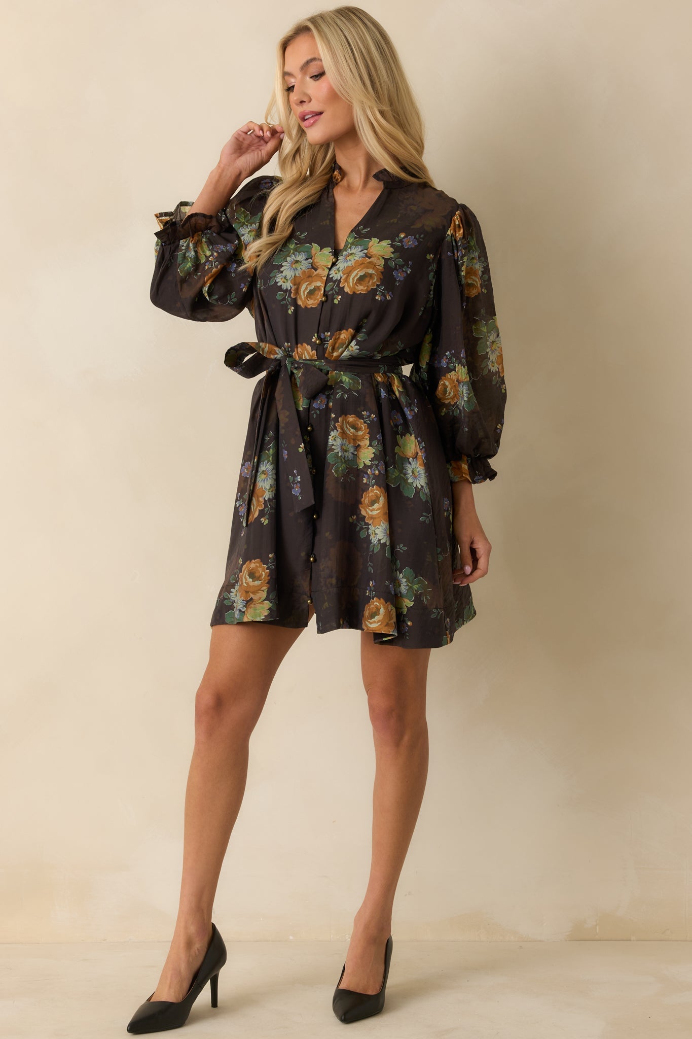 Rustic Romance Dark Brown Multi Floral Print Belted Mini Dress