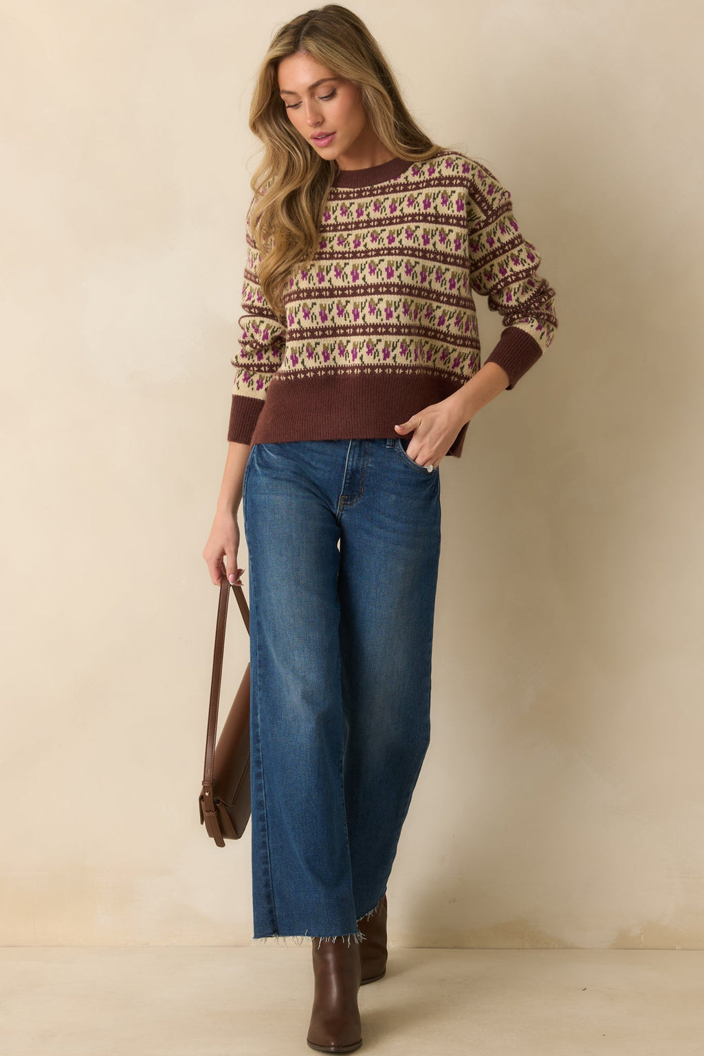 Guess What’s Next Brown Multi Fair Isle Knit Crewneck Sweater