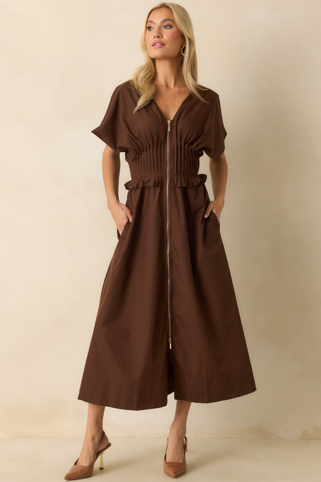 Let It Be Easy Brown Smocked Waist Zip Maxi Dress