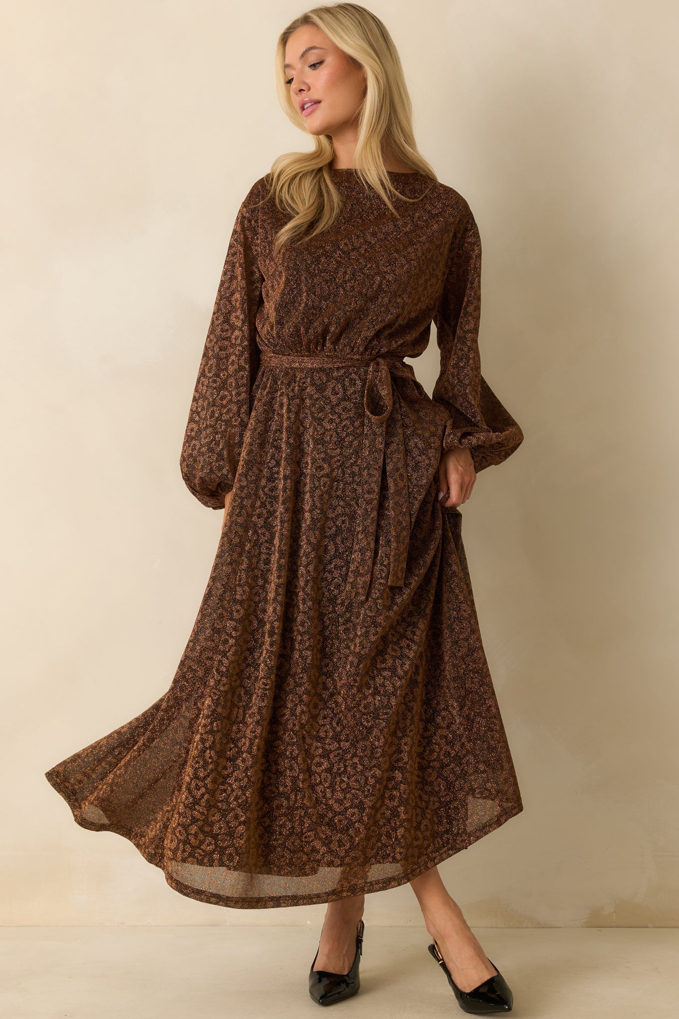 Subtle Spark Brown Leopard Print Shimmer Long Sleeve Maxi Dress