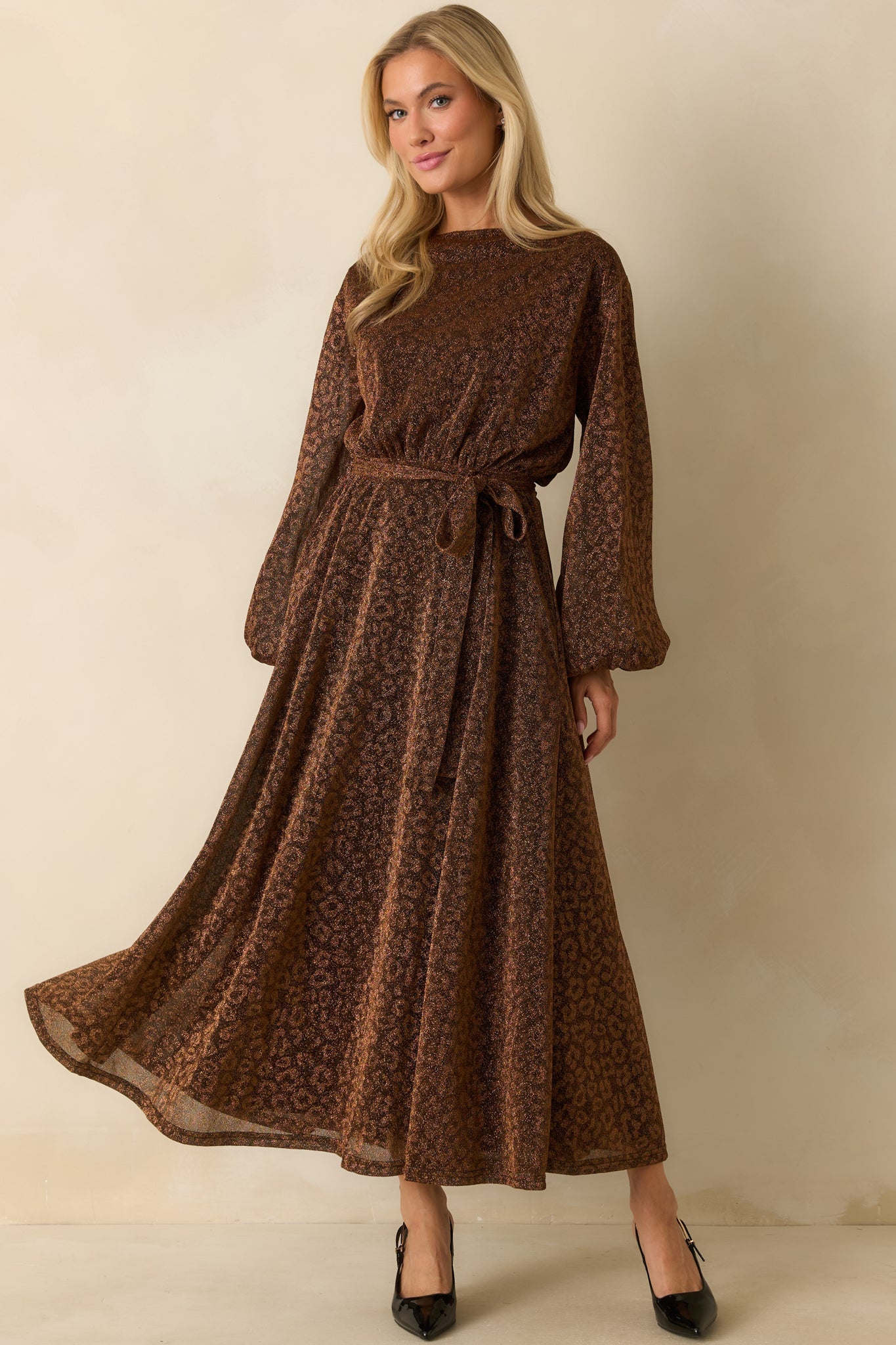 Subtle Spark Brown Leopard Print Shimmer Long Sleeve Maxi Dress