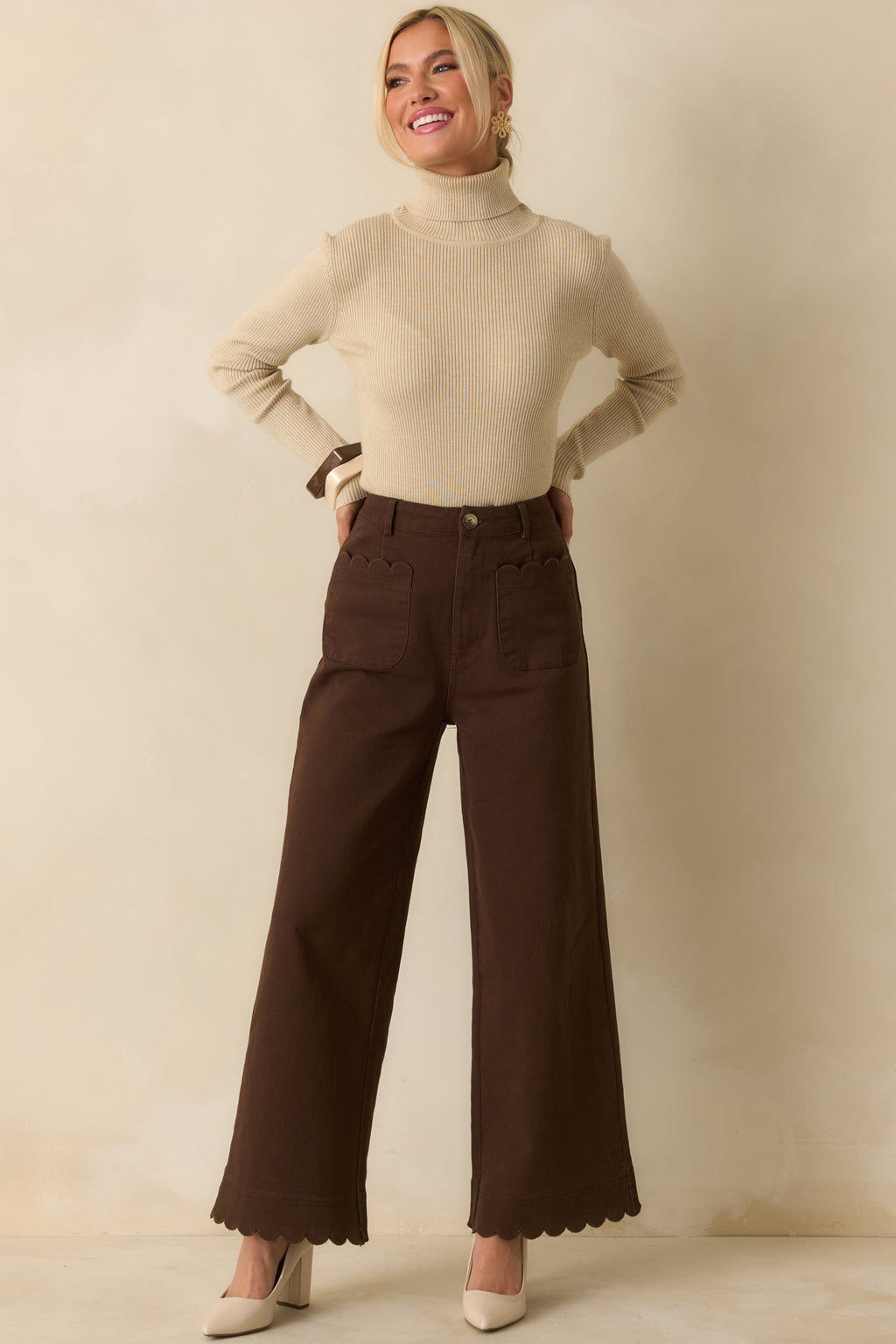 Set For The Day Brown Cotton Scalloped Wide Leg Pants